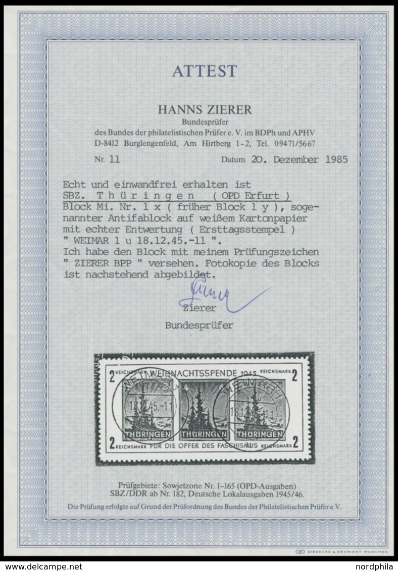 THÜRINGEN Bl. 1xa O, 1945, Block Antifa, Weißes Kartonpapier, Type II, Mit Ersttagsstempel WEIMAR, Pracht, Fotoatteste Z - Other & Unclassified