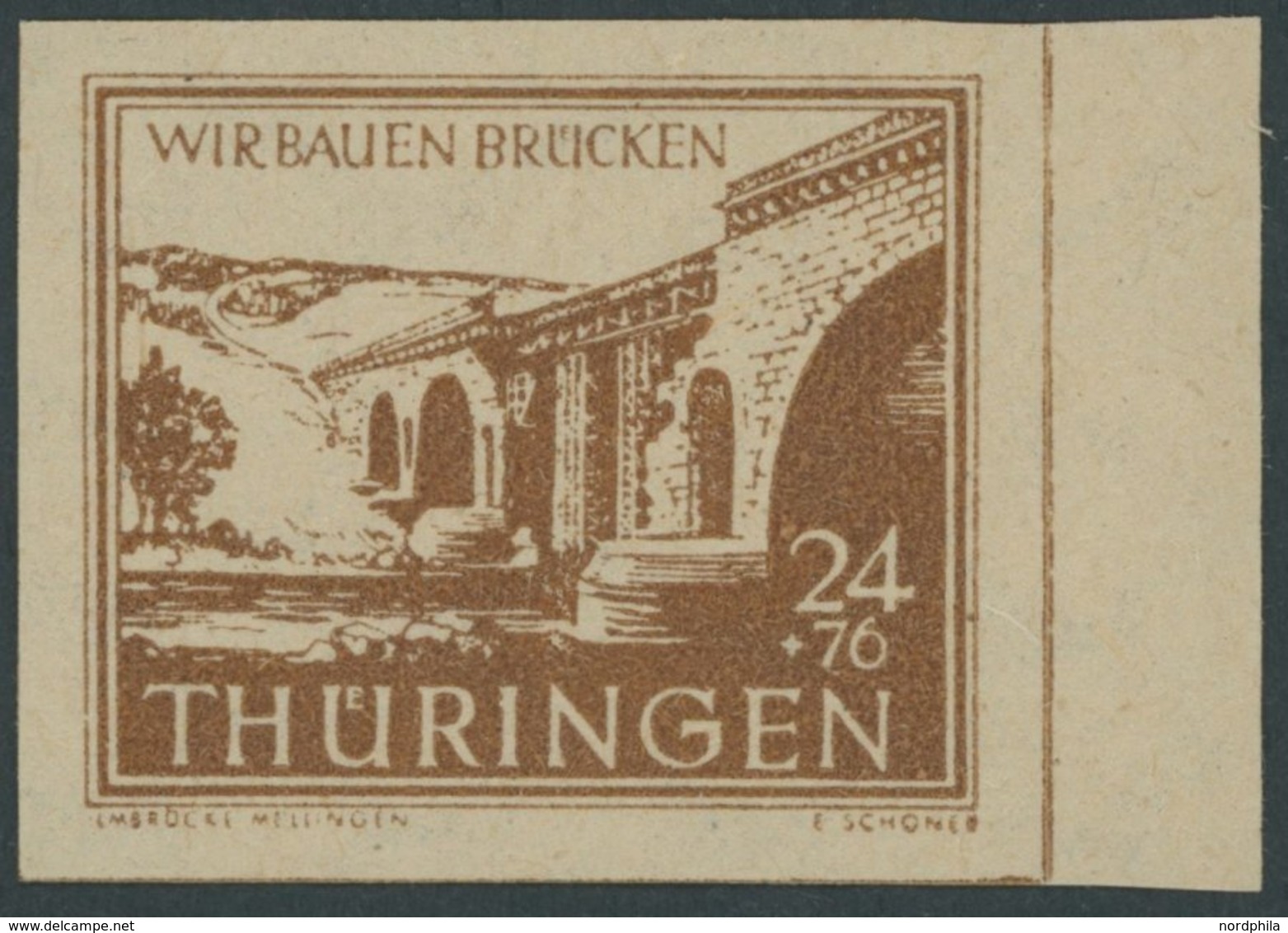 THÜRINGEN 115cyy **, 1946, 24 Pf. Mittelrötlichbraun Wiederaufbau, Dünnes Papier, Vom Rechten Rand, Postfrisch, Gepr. St - Other & Unclassified