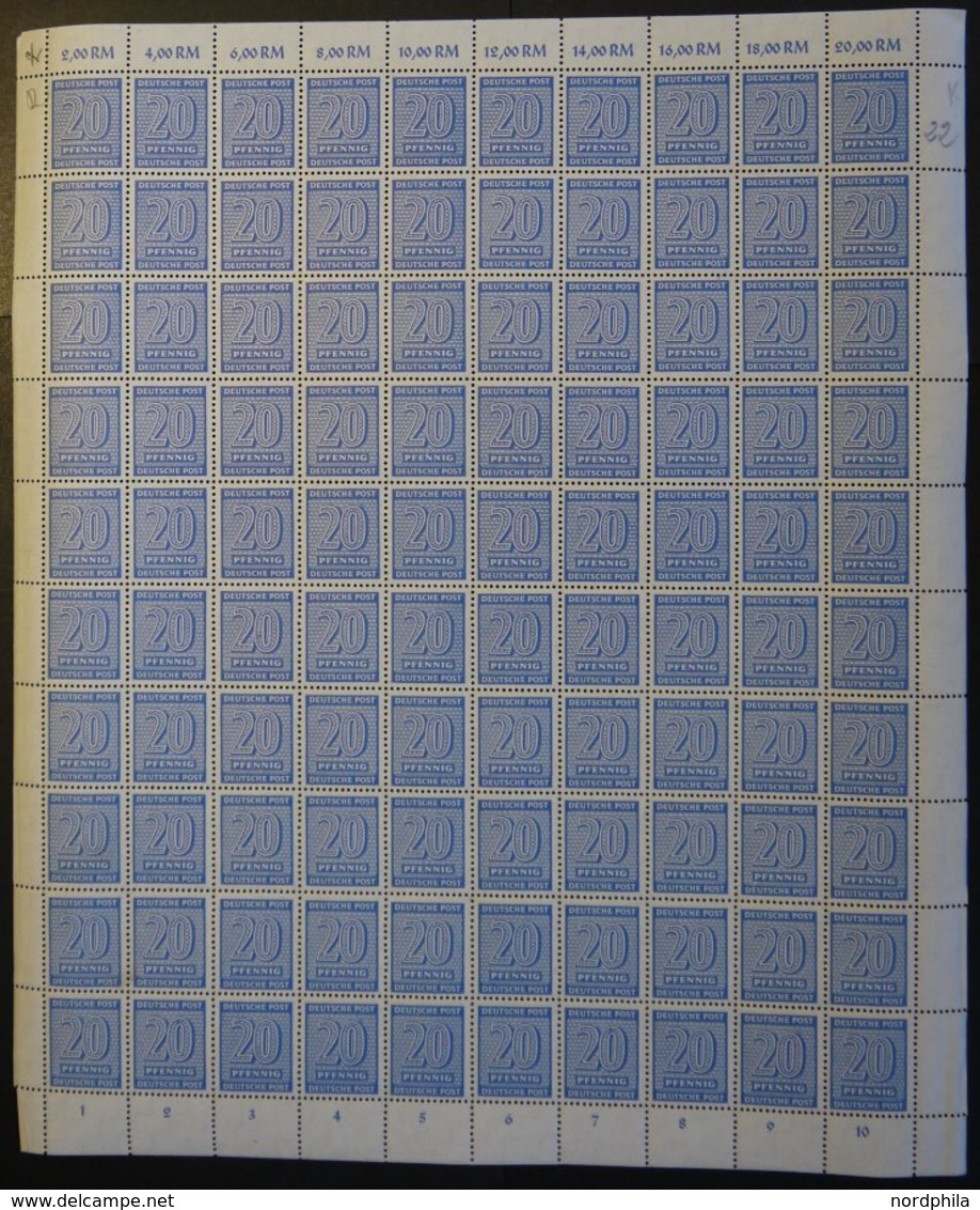 WEST-SACHSEN 134Xw **, 1945, 20 Pf. Blau, Wz. 1X, Im Bogen (100), Dabei Abart 134II (Feld 79), Pracht - Other & Unclassified