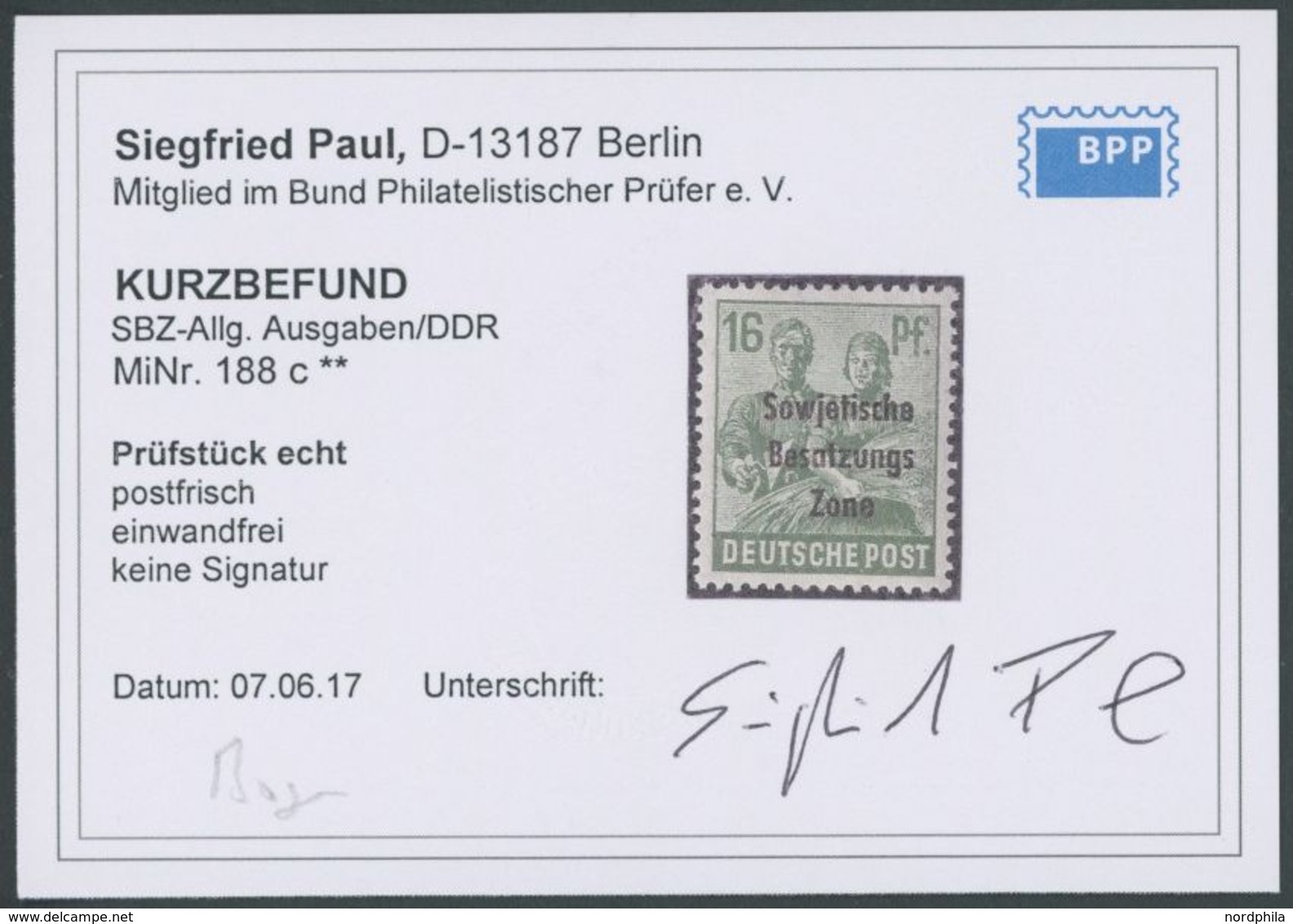 ALLGEMEINE-AUSGABEN 188c **, 1948, 16 Pf. Schwärzlichopalgrün, Postfrisch, Pracht, Kurzbefund Paul, Mi. 350.- - Other & Unclassified