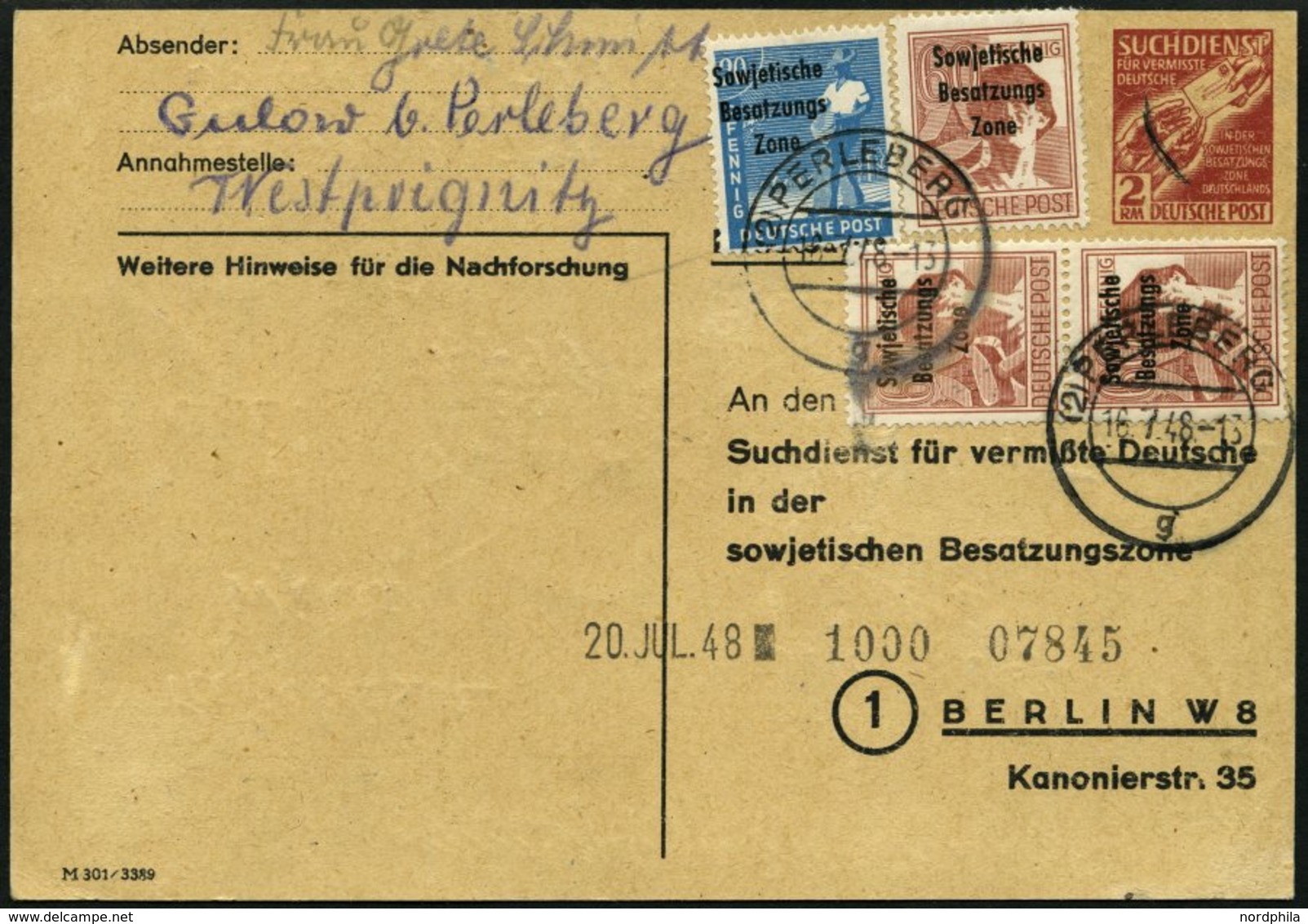 ALLGEMEINE-AUSGABEN 189,A 195 BRIEF, 16.7.1948, 20 Pf. Blau Und 60 Pf. Karminbraun Auf Suchdienstkarte (SDP 1) Aus Perle - Altri & Non Classificati