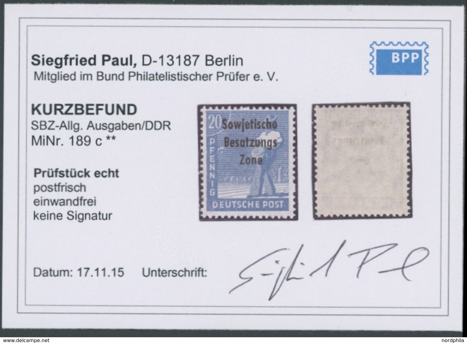 ALLGEMEINE-AUSGABEN 189c **, 1948, 20 Pf. Graukobalt, Postfrisch, Pracht, Kurzbefund Paul, Mi. 400.- - Other & Unclassified