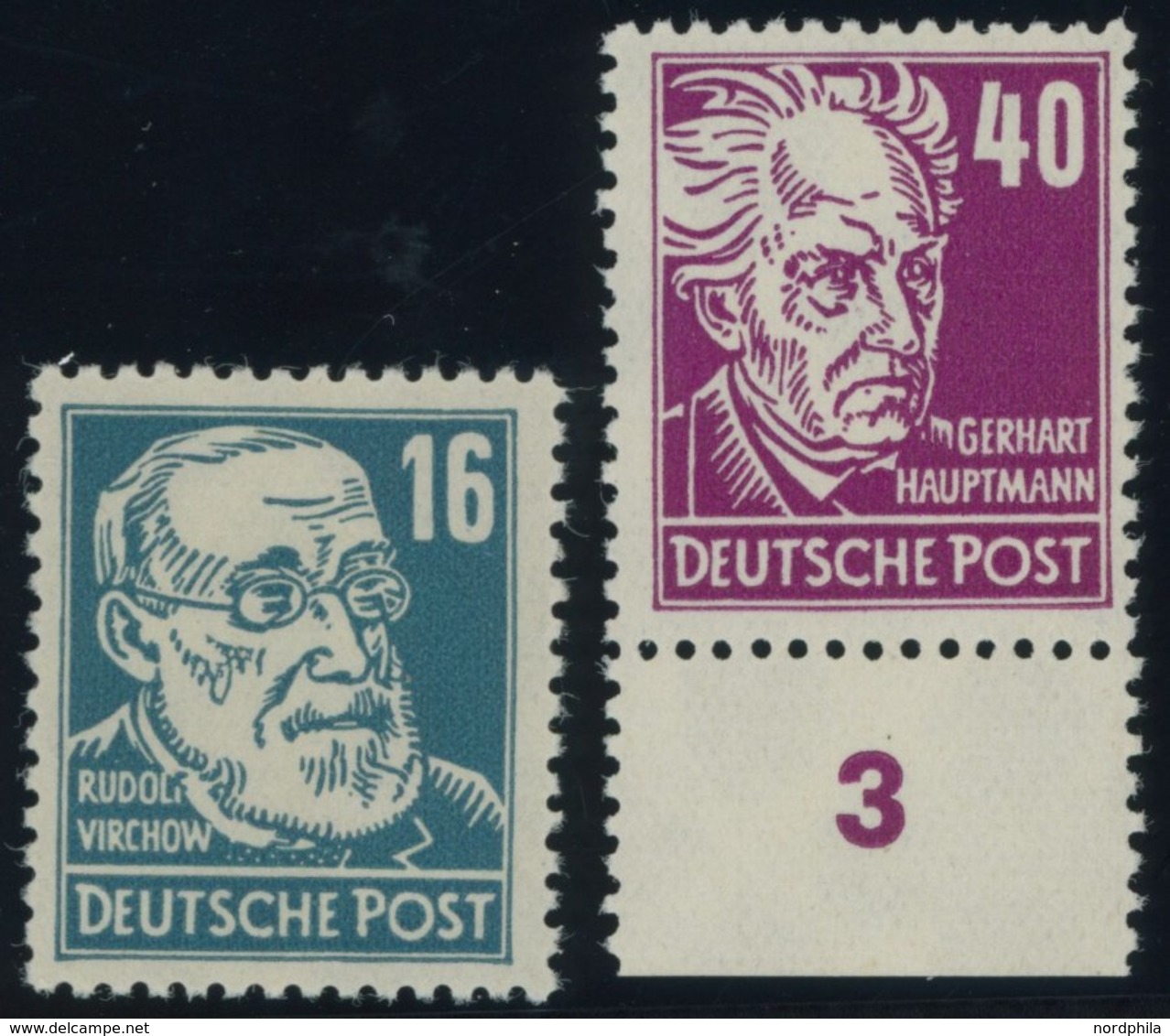 ALLGEMEINE-AUSGABEN 218d,223d **, 1952, 16 Pf. Grünlichblau Virchow Und 40 Pf. Dunkelkarminlila Hauptmann, 2 Postfrische - Other & Unclassified