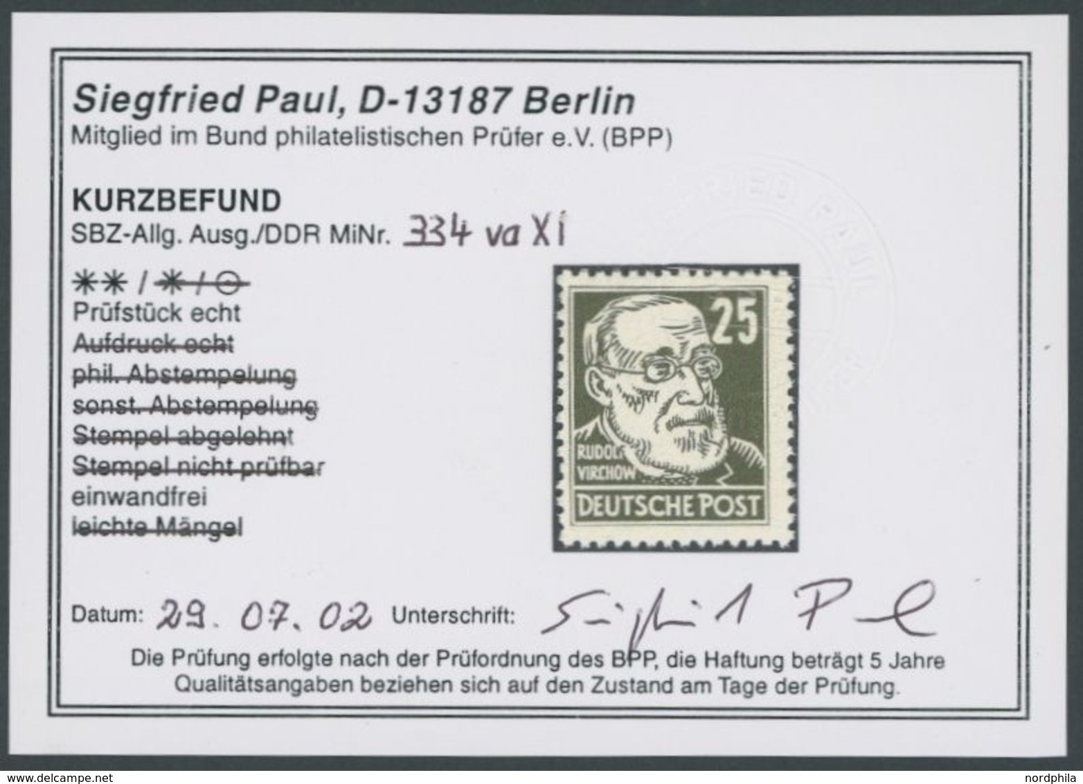 DDR 334vaXI **, 1953, 25 Pf. Braunoilv Virchow, Wz. 2XI, Postfrisch, Pracht, Kurzbefund Paul, Mi. 350.- - Other & Unclassified