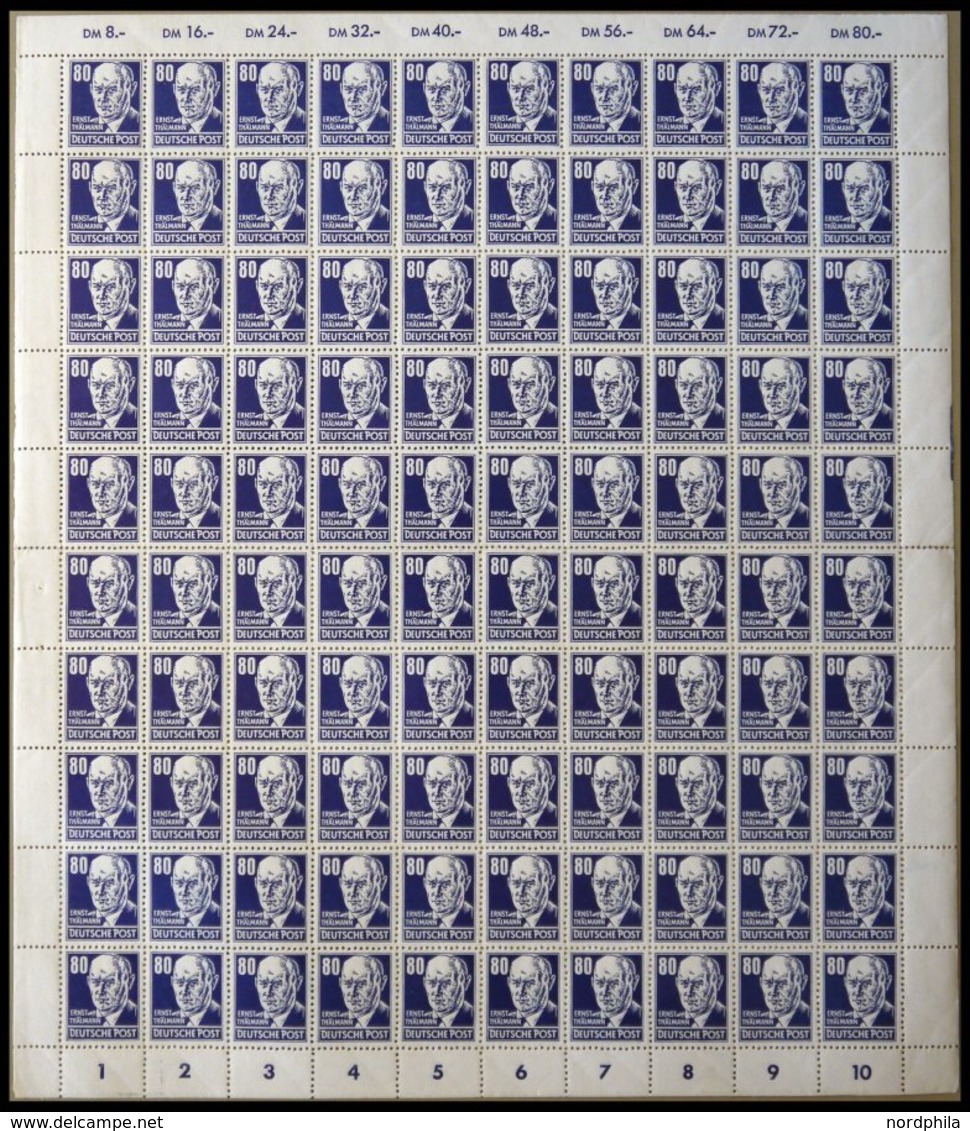 DDR 339vaXI **, 1952, 80 Pf. Thälmann, Gestrichenes Papier, Wz. 2XI, Im Bogen (100), Dabei 2x Plattenfehler 339PFIII (Fe - Other & Unclassified