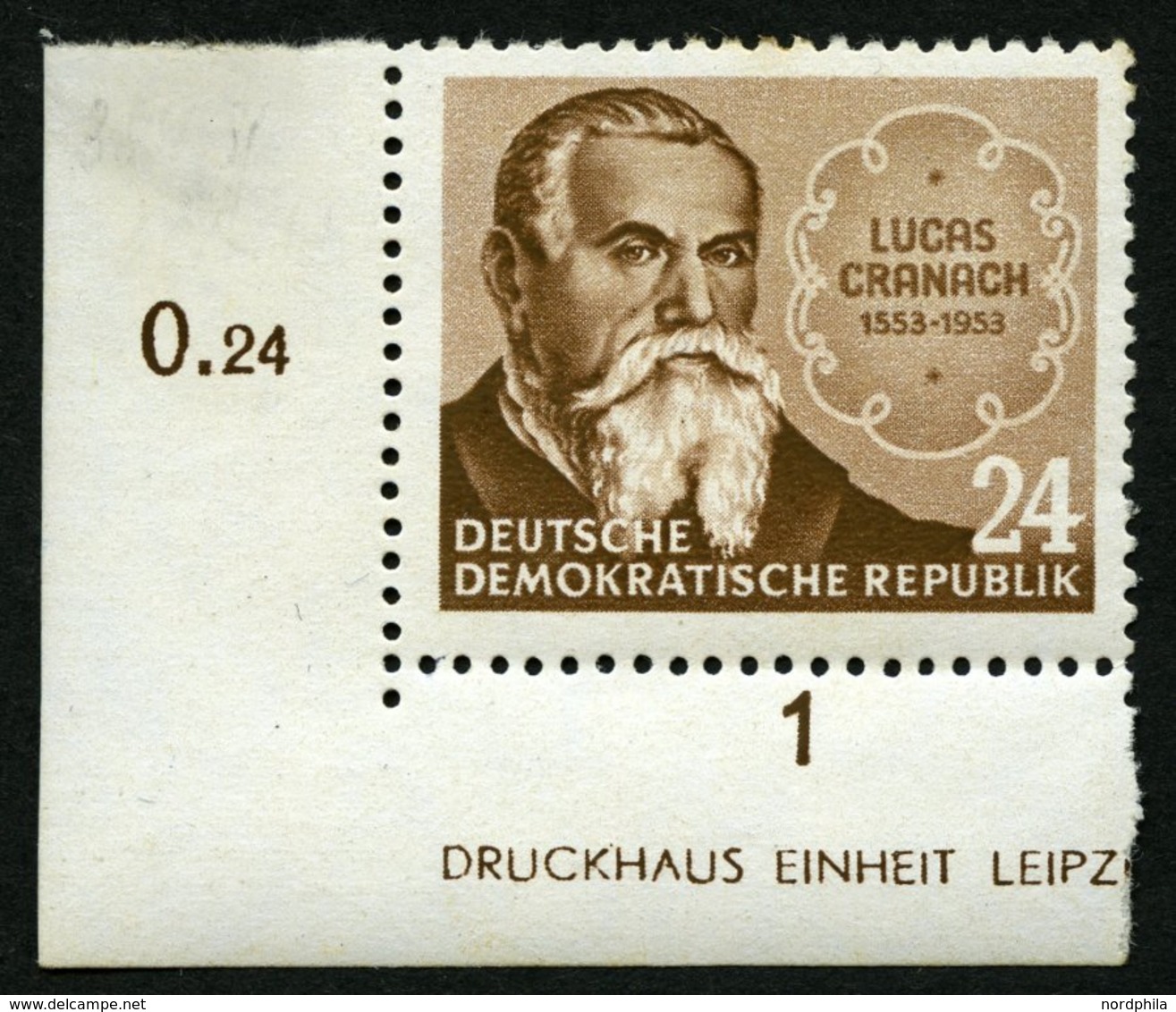 DDR 384YIDZ **, 1953, 24 Pf. Cranach, Untere Linke Bogenecke Mit Fast Vollständigem Druckereizeichen, Feinst (minimal Fl - Otros & Sin Clasificación