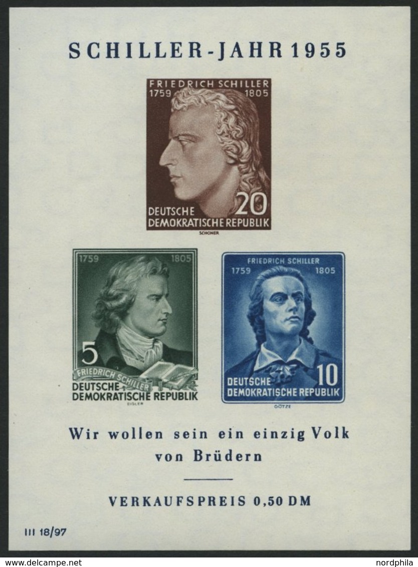 DDR Bl. 12IV **, 1955, Block Schiller Mit Abart Vorgezogener Fußstrich Bei J, Pracht, Mi. 60.- - Altri & Non Classificati