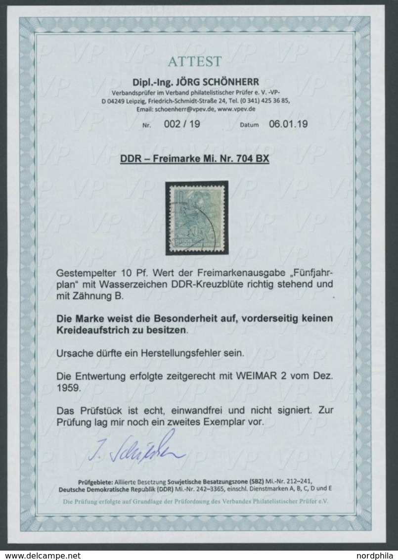 DDR 704BX O, 1959, 10 Pf. Bläulichgrün, Gezähnt K 14, Mit Neu Entdeckter Abart Ohne Vorderseitigem Kreidestrich, Pracht, - Otros & Sin Clasificación