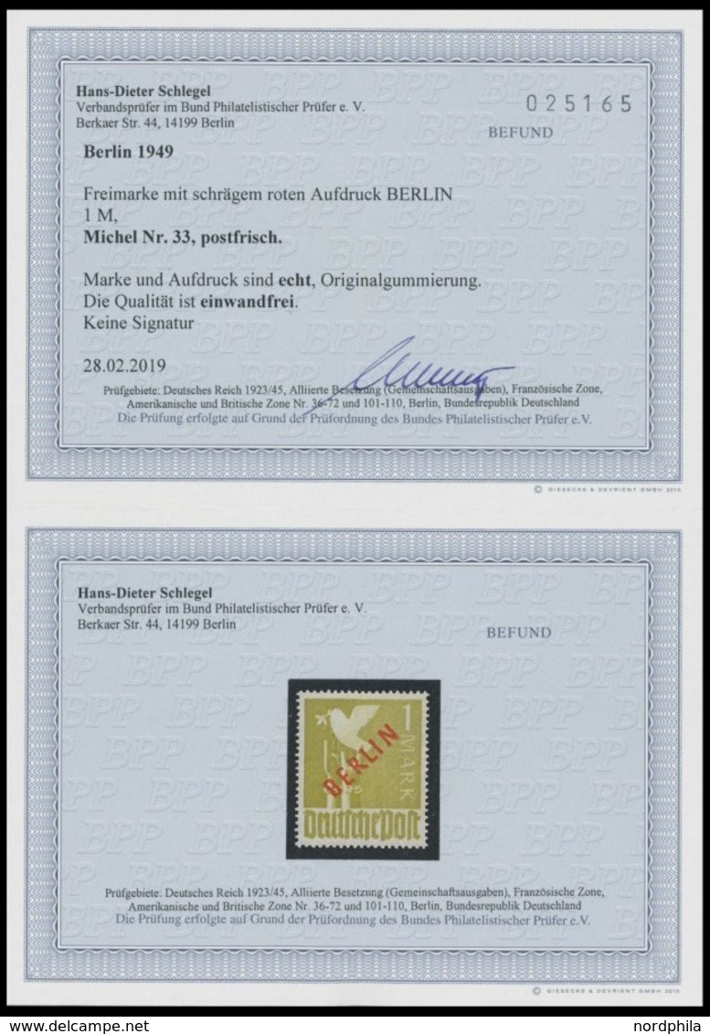 BERLIN 33 **, 1949, 1 M. Rotaufdruck, Postfrisch, Pracht, Ohne Signum, Fotobefund H.D. Schlegel, Mi. 550.- - Otros & Sin Clasificación