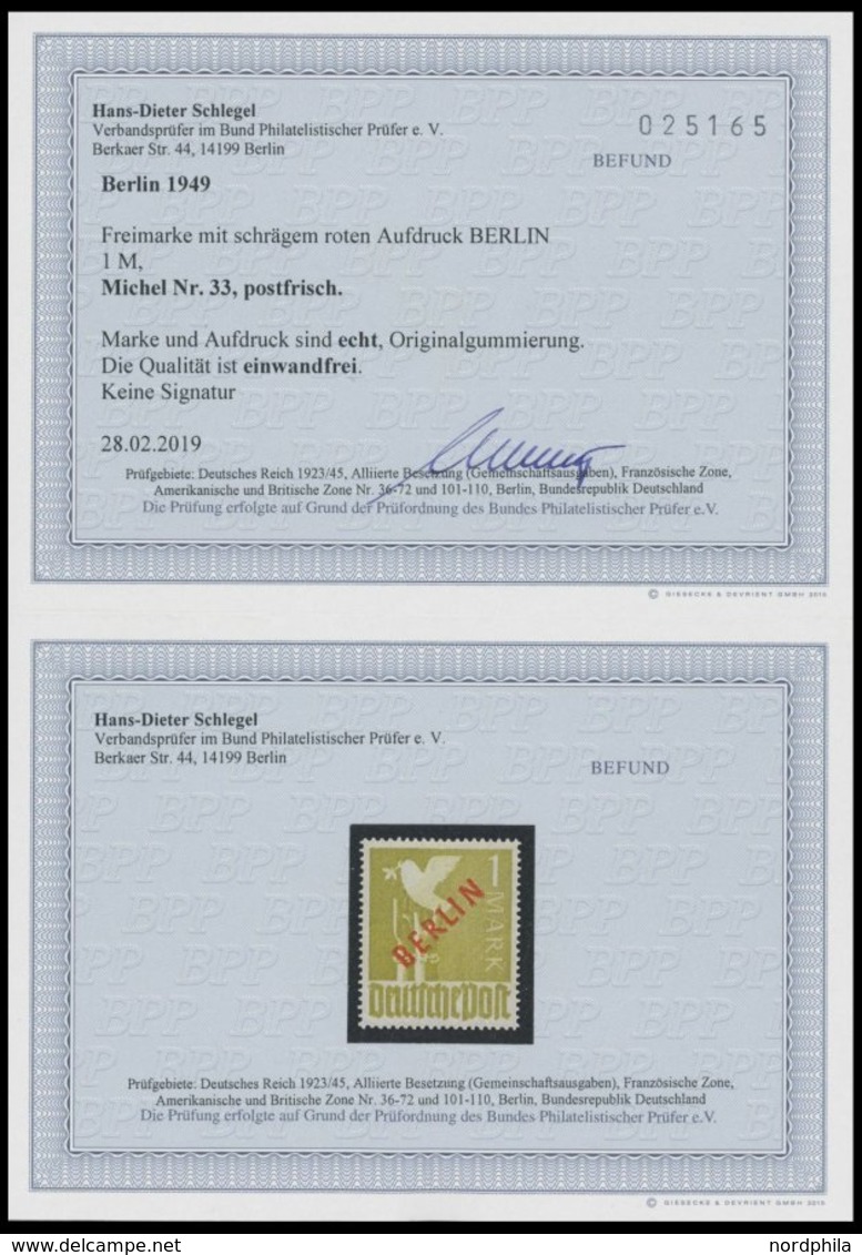 BERLIN 33 **, 1949, 1 M. Rotaufdruck, Postfrisch, Pracht, Ohne Signum, Fotobefund H.D. Schlegel, Mi. 550.- - Other & Unclassified