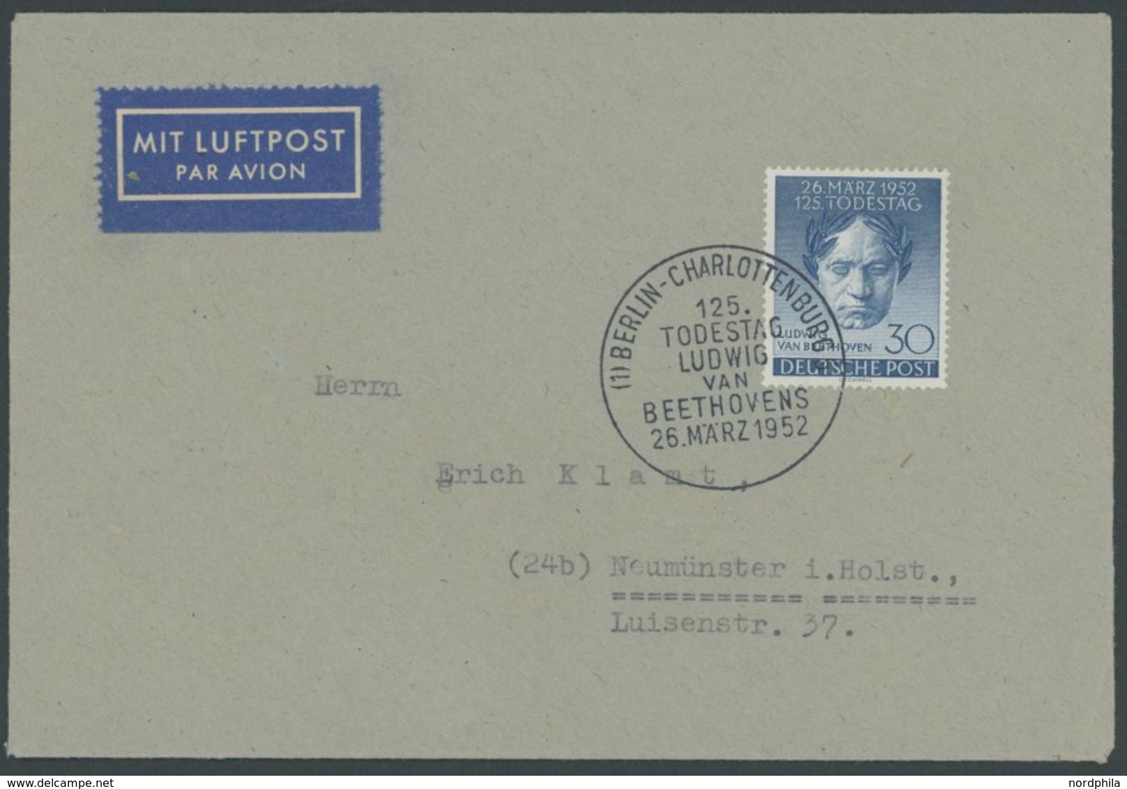 BERLIN 87 BRIEF, 1952, 30 Pf. Beethoven Auf Amtlichem FDC, Pracht, Mi. 120.- - Otros & Sin Clasificación