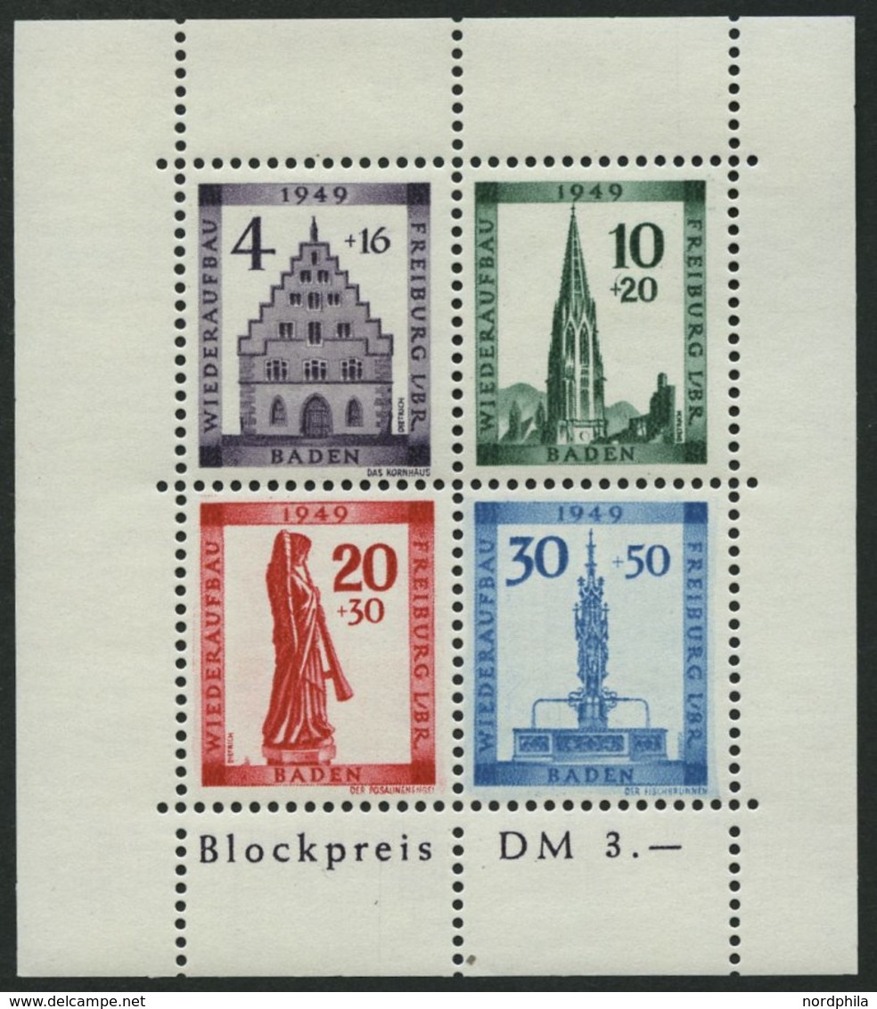 BADEN Bl. 1AI **, 1949, Block Freiburg, Gezähnt, Mit Abart Sirene Neben Sockel Des Engels, Feinst, Gepr. Schlegel, Mi. 3 - Other & Unclassified