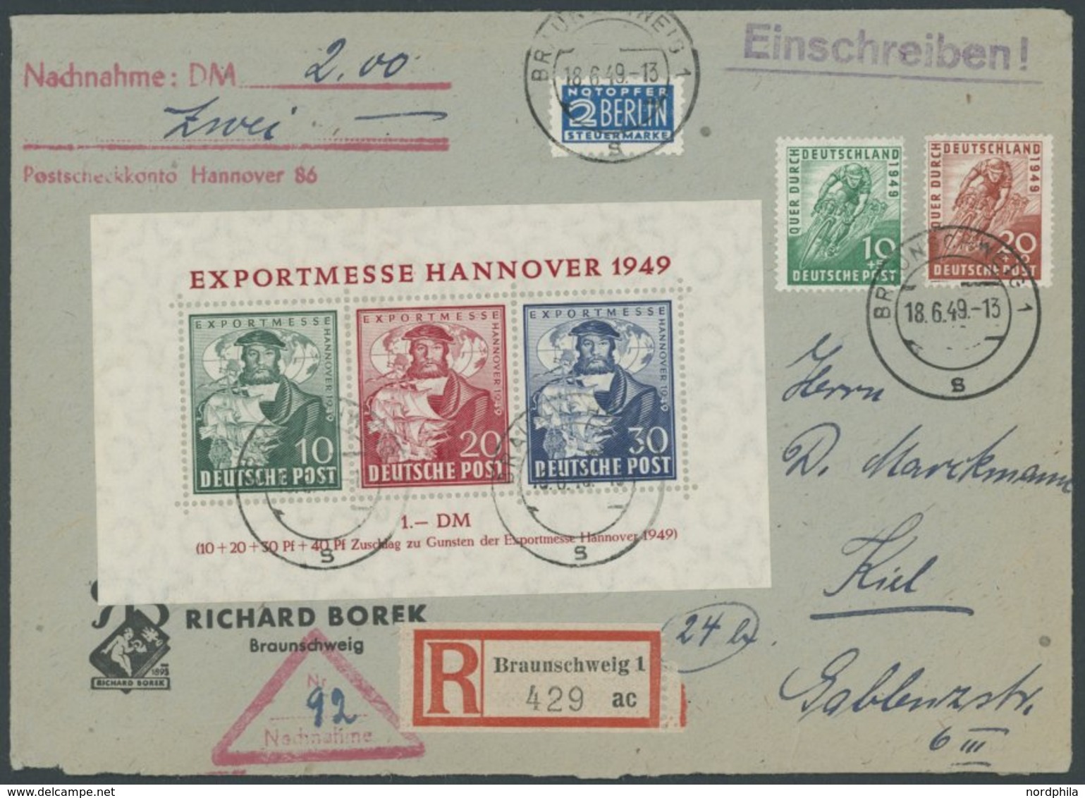 AMERIK. U. BRITISCHE ZONE Bl. 1a,106/7 BRIEF, 1949, Block Exportmesse Und Radrennen Auf Nachnahme-Einschreibbrief (rücks - Other & Unclassified