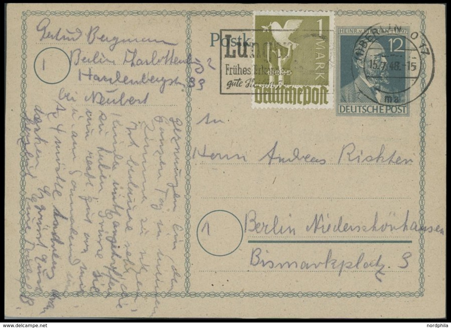 ALLIIERTE BES. 959,P 965ZP BRIEF, 15.7.1948, 1 M. Schwarzgraugelb Auf 12 Pf. Stephan Ganzsachenkarte, Stempel BERLIN O 1 - Otros & Sin Clasificación