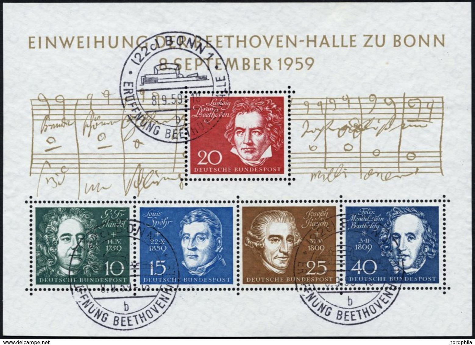 BUNDESREPUBLIK Bl. 2 O, 1959, Block Beethoven, Ersttags-Sonderstempel, Pracht, Mi. (80.-) - Other & Unclassified