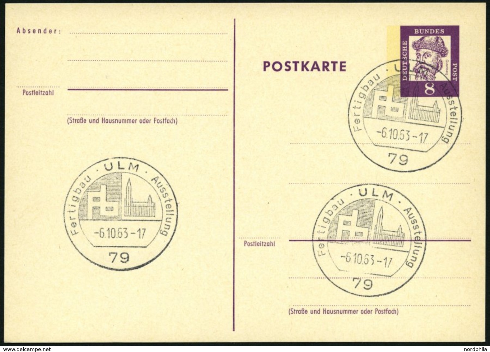 GANZSACHEN P 73 BRIEF, 1962, 8 Pf. Gutenberg, Postkarte In Grotesk-Schrift, Leer Gestempelt Mit Sonderstempel ULM FERTIG - Colecciones