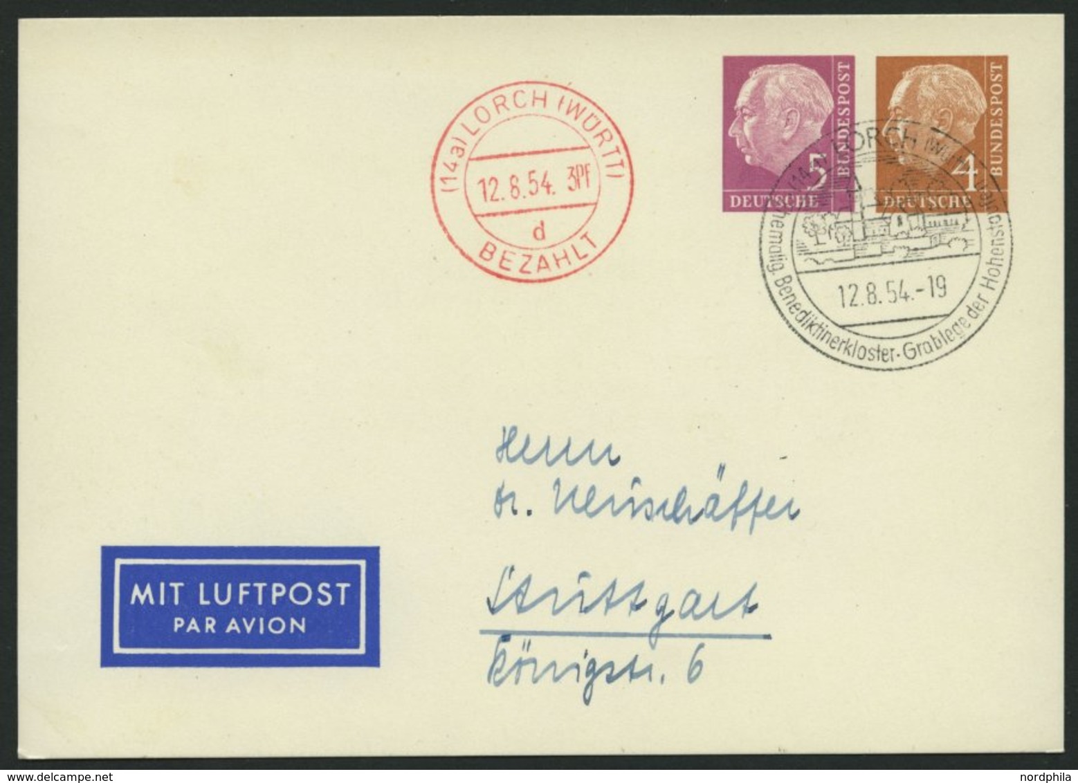 GANZSACHEN PP 12/1 BRIEF, 1954, Privatpostkarte 5 + 4 Pf. Heuss I, Sonderstempel, Pracht - Colecciones