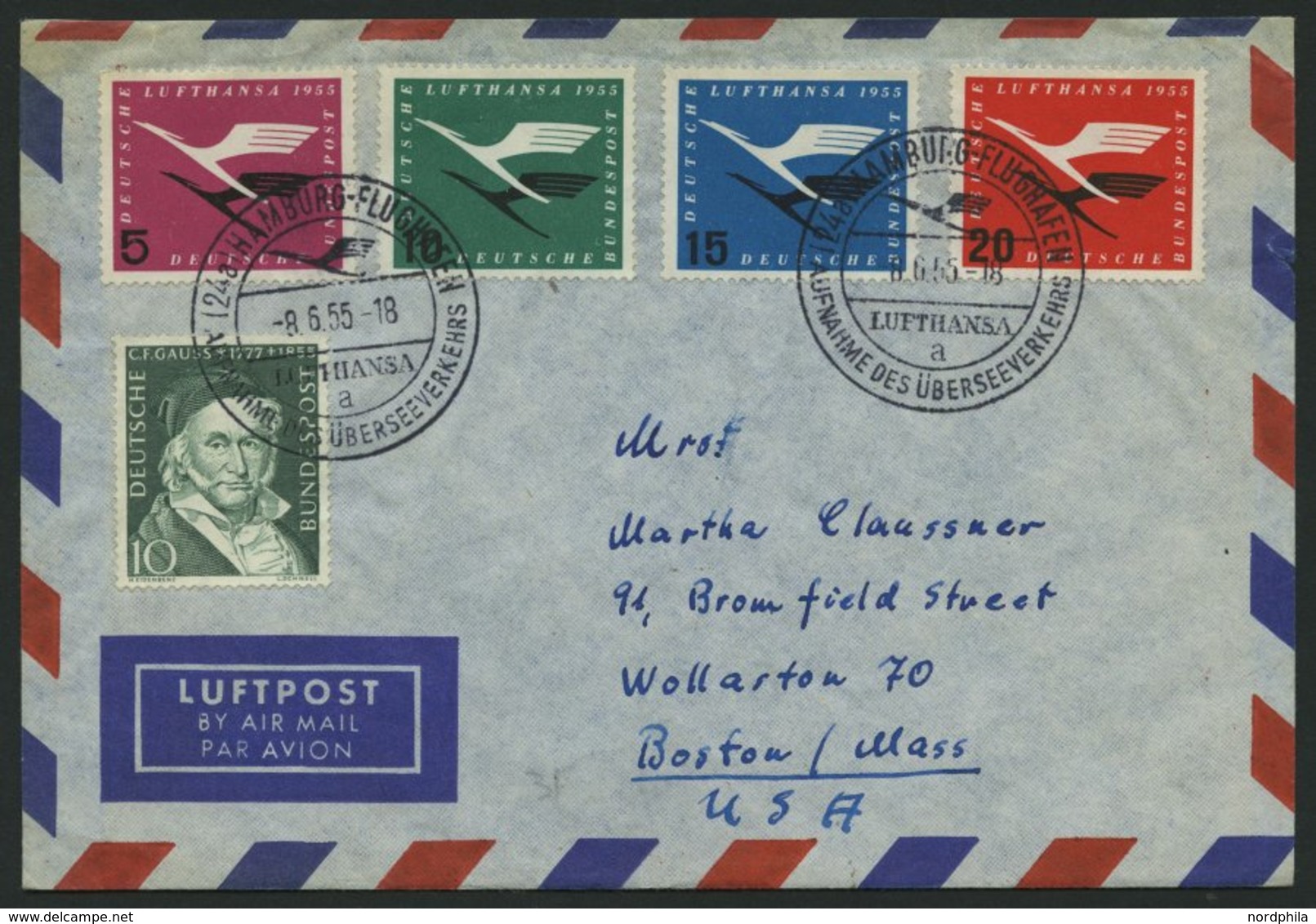 DEUTSCHE LUFTHANSA 34 BRIEF, 8.6.1955, Hamburg-New York, Frankiert Mit Komplettem Satz - Used Stamps