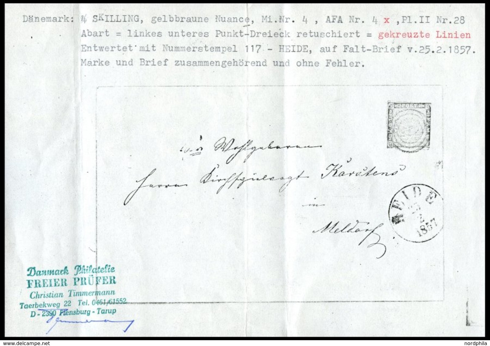 DÄNEMARK 4 BRIEF, 1954, 4 S. Rotbraun, Platte II, Nr. 28, Mit Abart Linkes Unteres Punktdreieck Retuschiert (AFA 4x), Nu - Usado