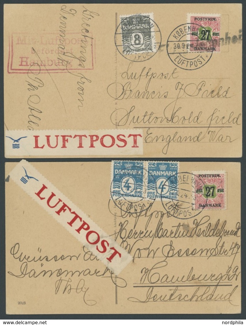 DÄNEMARK 1924, 2 Verschiedene Luftpost-Ansichtskarten Nach England Und Hamburg Mit DDL-Luftpostaufklebern, Fast Nur Prac - Used Stamps
