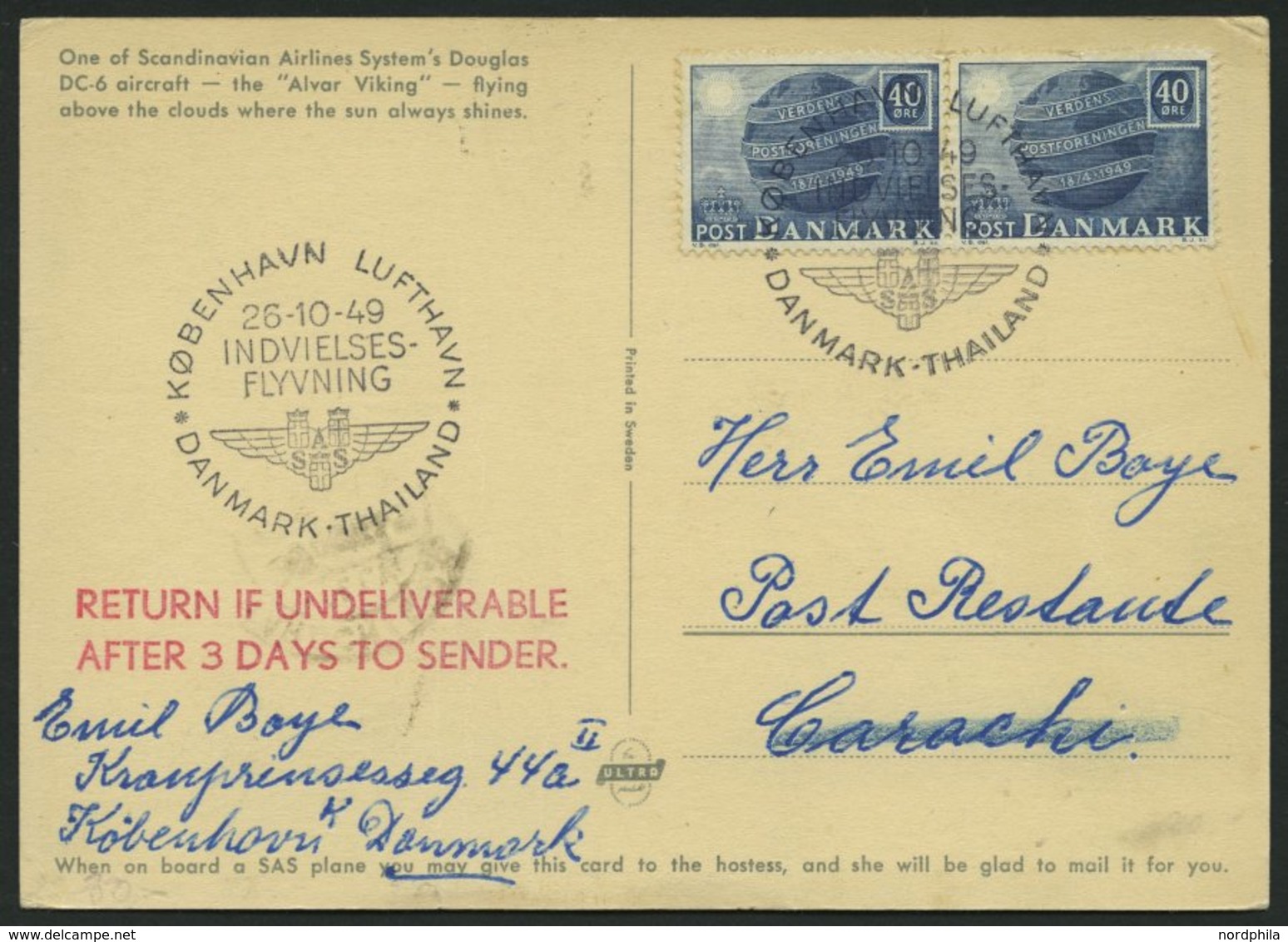 ERSTFLÜGE 26.10.1949, Kopenhagen-Karachi, Prachtkarte - Other & Unclassified