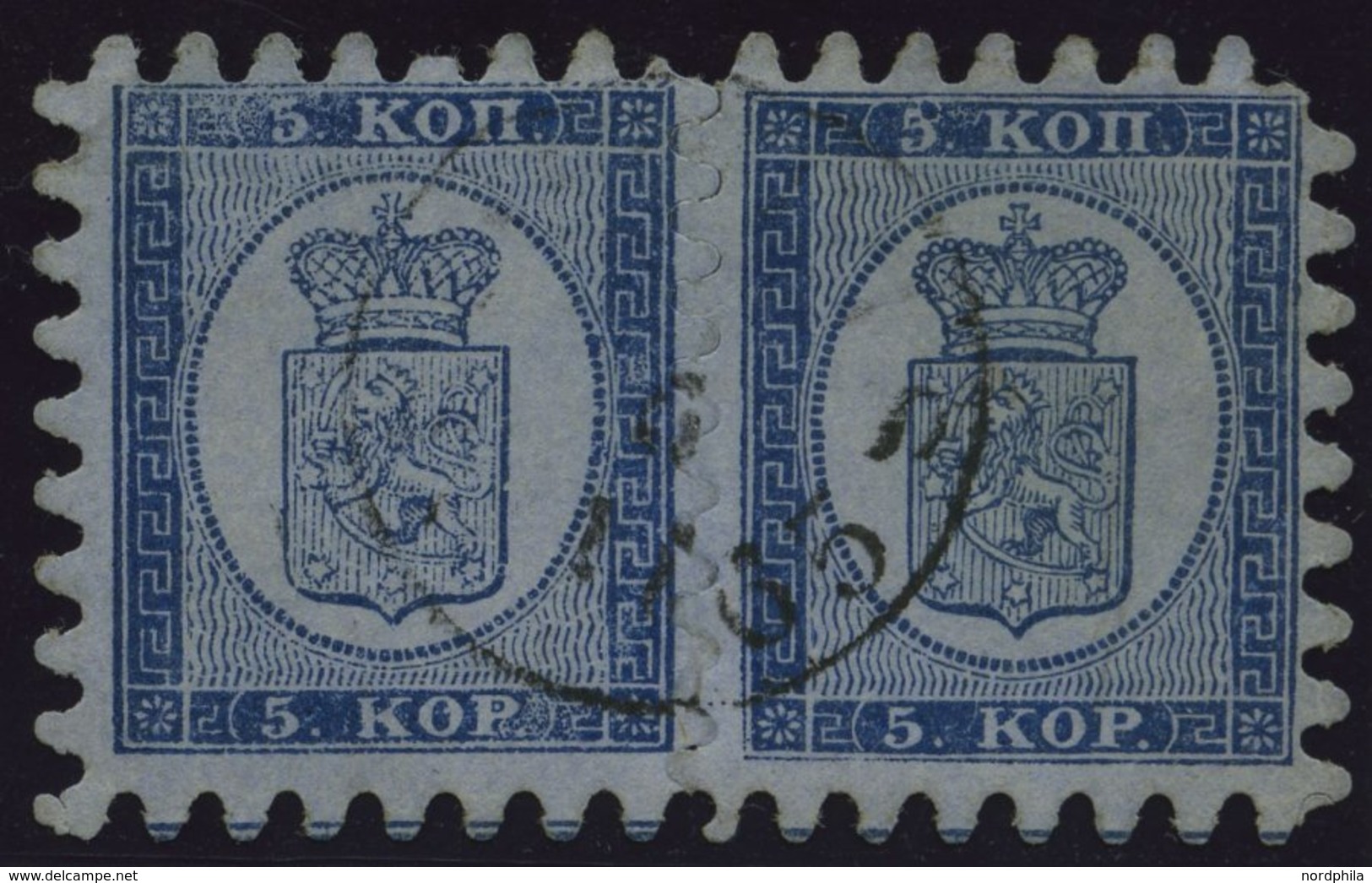 FINNLAND 3B Paar O, 1865, 5 K. Blau Auf Graublau Im Waagerechten Paar, Linke Marke Oben Zwei Verkürzte Zähne, Pracht, Ex - Other & Unclassified