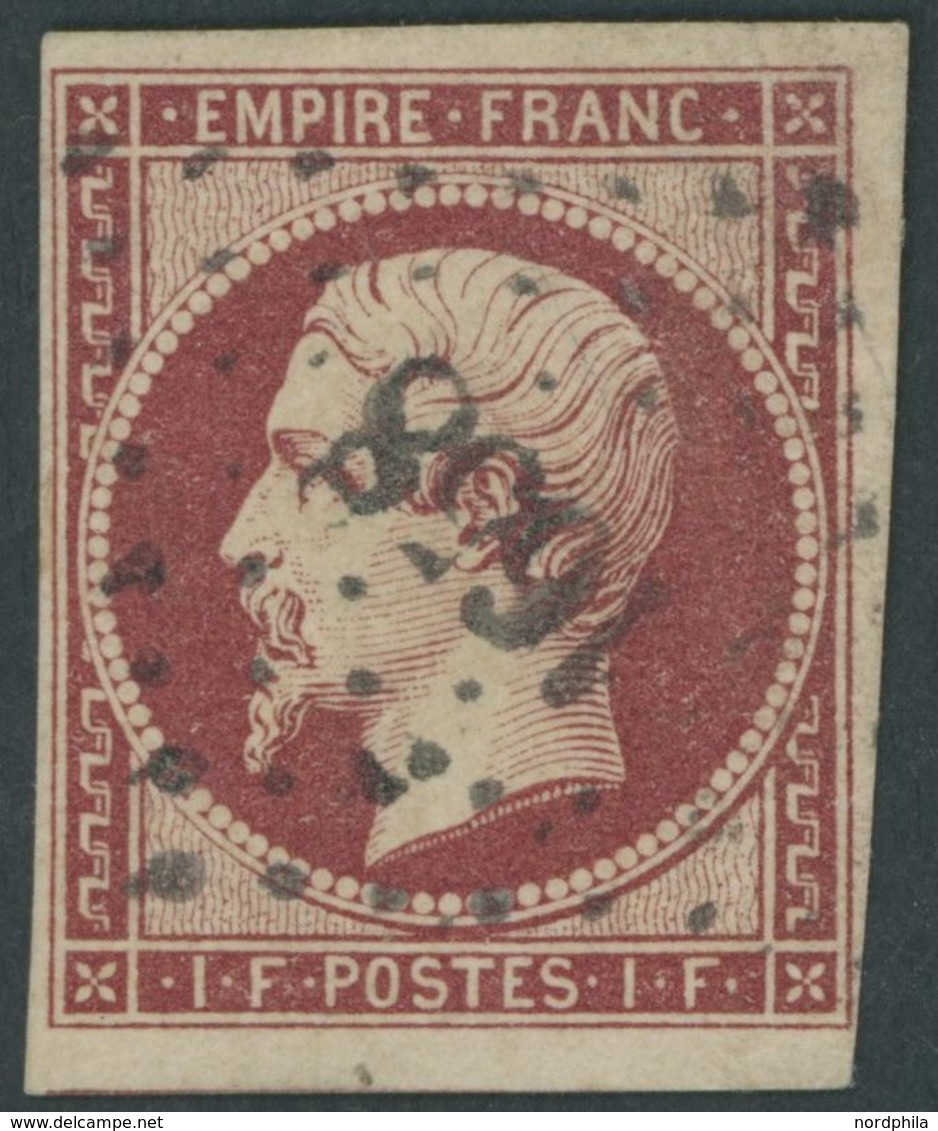 FRANKREICH 17b O, 1854, 1 Fr. Dunkelkarmin Mit Kleiner Ziffernraute 1658, Kaum Sichtbare Eckbugspuren (im Attest Nicht E - Otros & Sin Clasificación