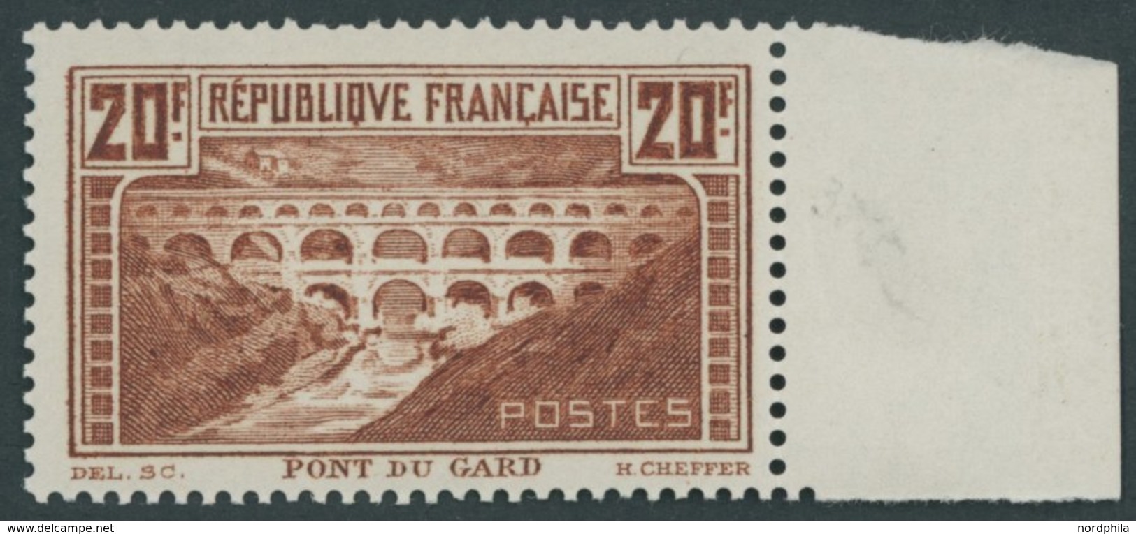 FRANKREICH 242A **, 1929, 20 Fr. Brücke über Den Gard, Gezähnt K 131/2, Rechtes Randstück, Normale Zähnung, Postfrisch,  - Otros & Sin Clasificación