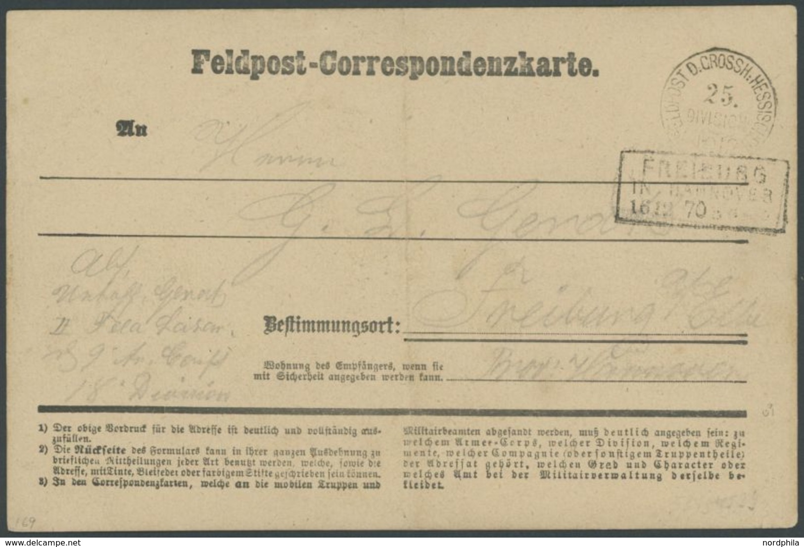 FRANKREICH FELDPOST 1870, Interessante Feldpost Correspondenzkarte Der Einzigen Hessischen Division (25. Division) Im De - Sellos De Guerra