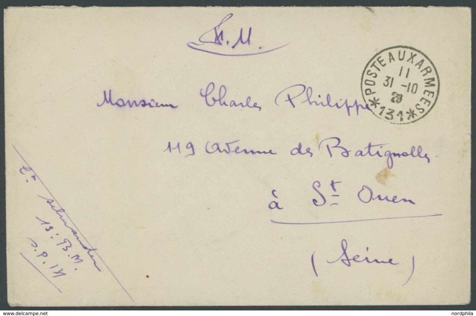 FRANKREICH FELDPOST 1923, Feldpostbrief Mit K1 POSTE AUX ARMEES 131 Von Bad Ems (Rheinlandbesetzung) Nach St. Ouen (Sein - War Stamps