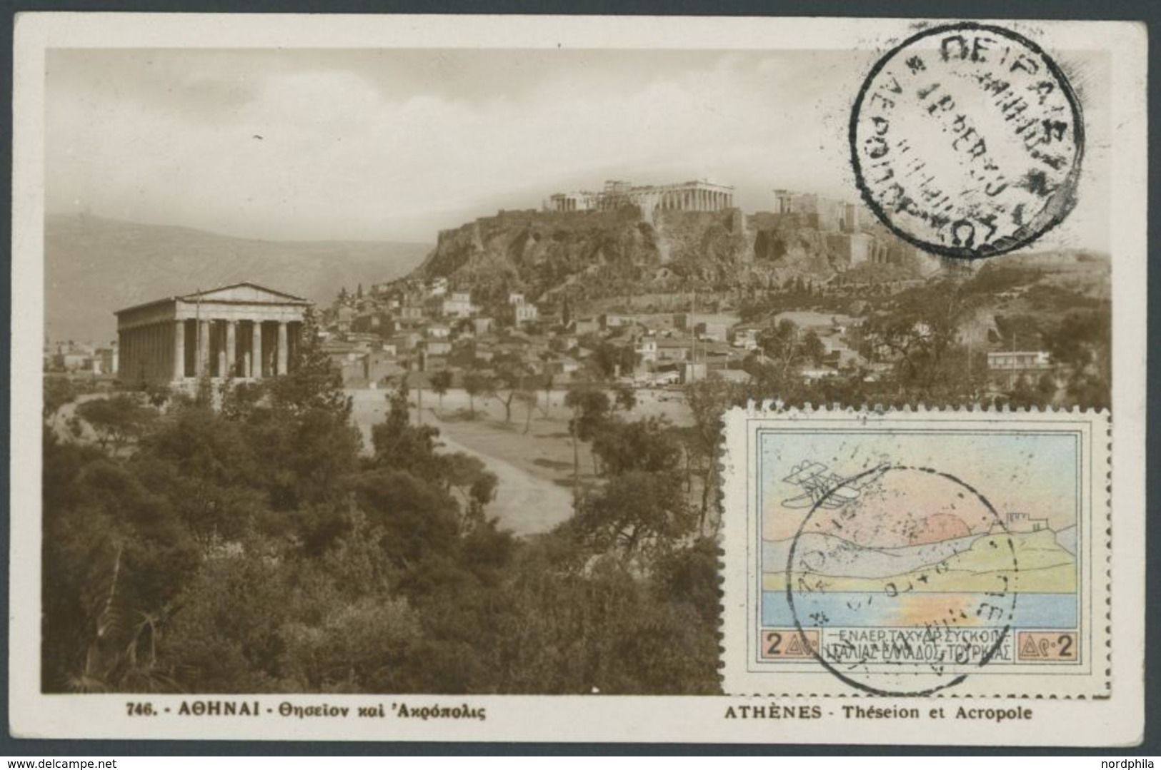 GRIECHENLAND 1930, Erstflugkarte PIRAEUS-MYTILAKE Mit Halbamtlicher Flugmarke Mi.Nr. 300 (rückseitig) Und Mi.Nr. 311, Mi - Other & Unclassified