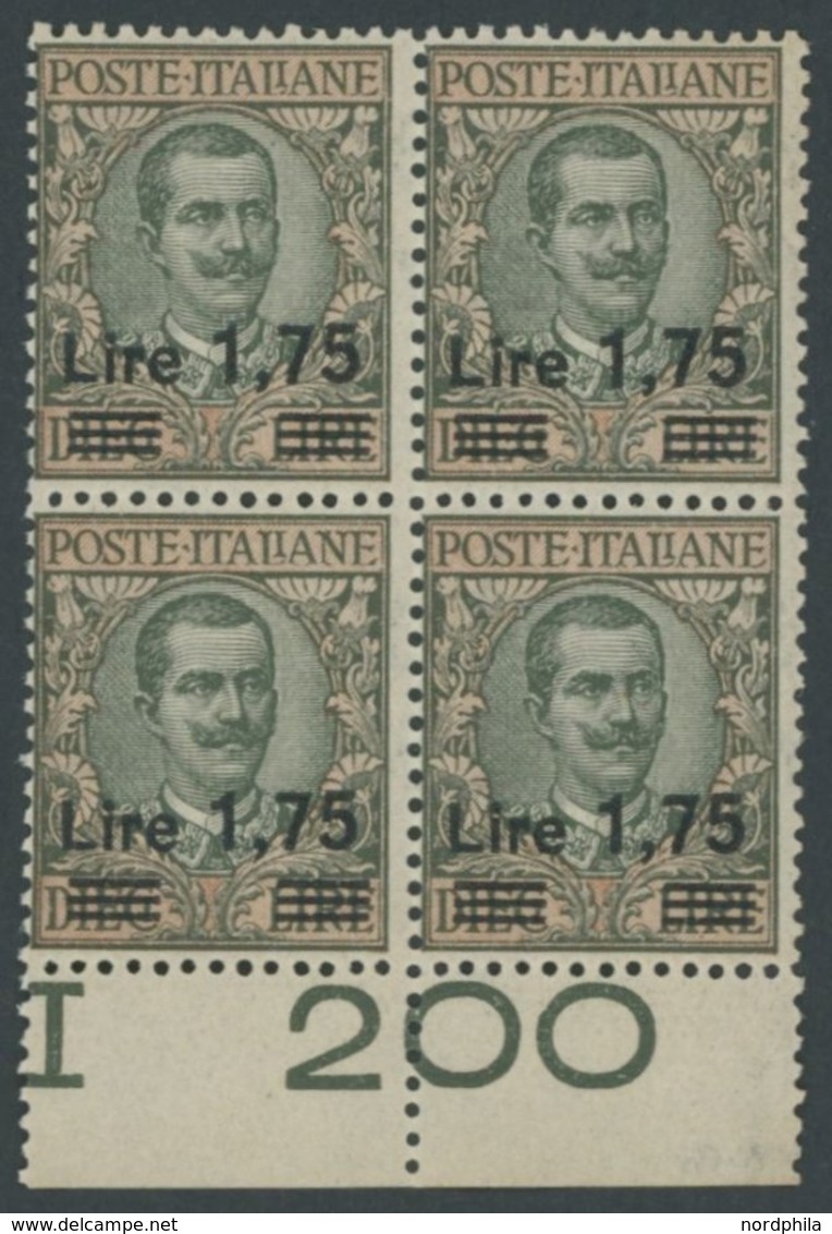 ITALIEN 221 VB **, 1925, 1.75 L. Auf 10 L. Oliv/rosa Im Unterrandviererblock, Postfrisch, Pracht, Mi. (160.-) - Usados