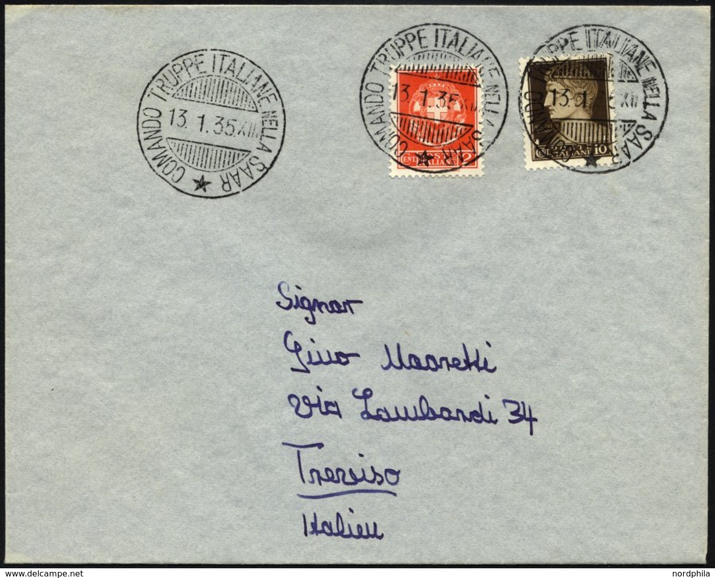 MILITÄRPOST 301,358 BRIEF, 1935, 10 C. Dunkelbraun Und 2 C. Orangerot Mit K2 COMMANDO TRUPPE ITALIANE NELLA SAAR Auf Fel - Military Mail (PM)