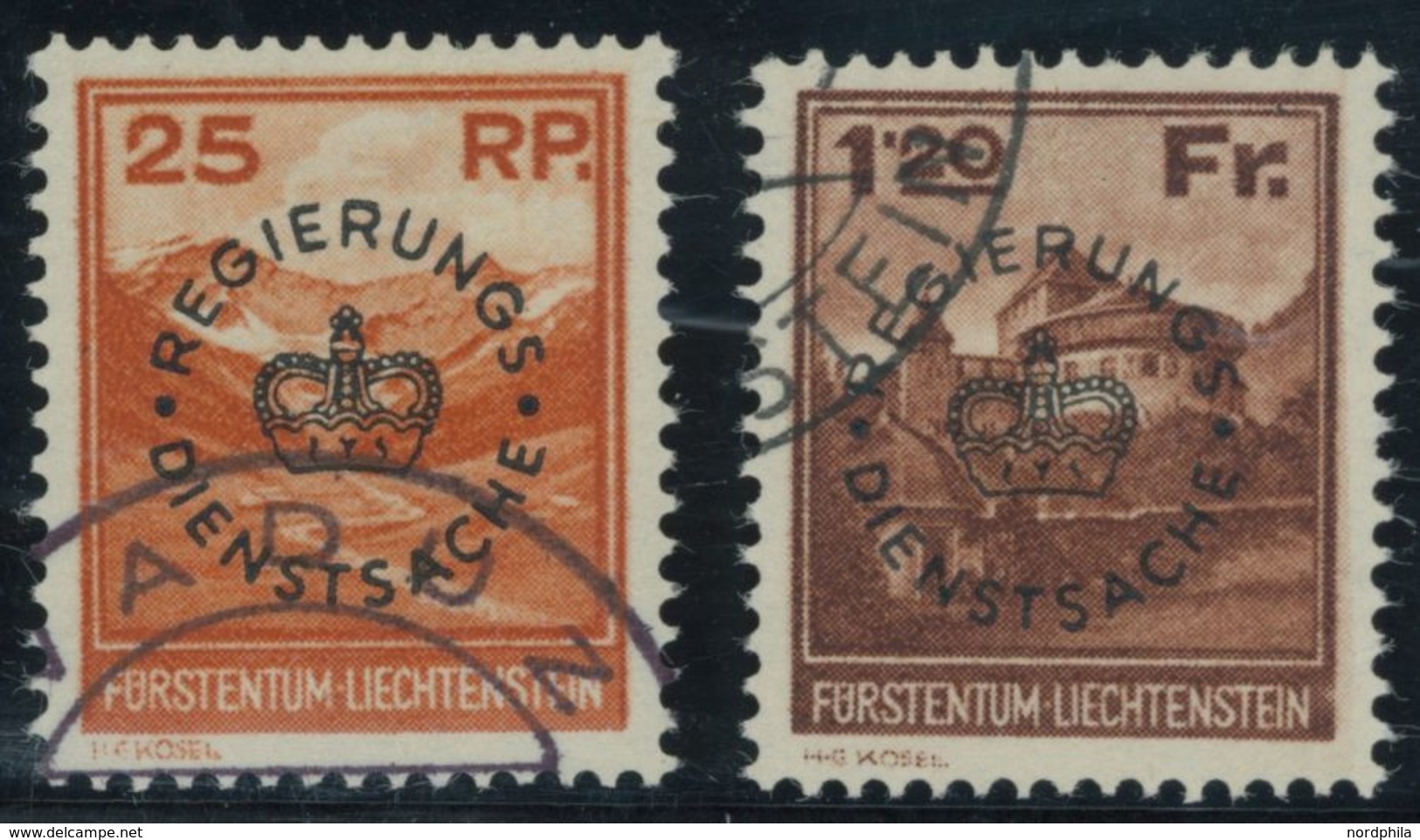 DIENSTMARKEN D 9/10 O, 1933, 25 Rp. Valünatal Und Naafkopf Und 1.20 Fr. Burg Vaduz, 2 Prachtwerte, Mi. 475.- - Oficial