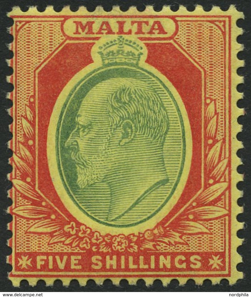 MALTA 40 *, 1911, 5 Sh. Karmin/hellgrün Auf Gelb, Falzrest, Pracht, Mi. 90.- - Used Stamps