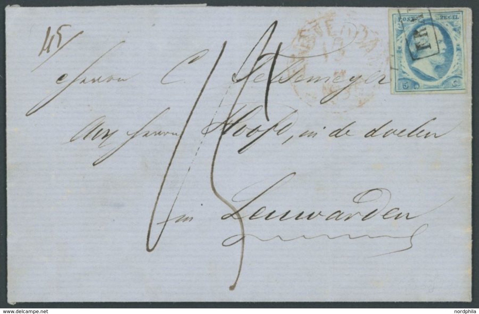 NIEDERLANDE 1 BRIEF, 1855, 5 C. Blau Mit R1 FRANCO Auf Brief Von Amsterdam Nach LEEUWARDEN, Pracht - ...-1852 Prephilately