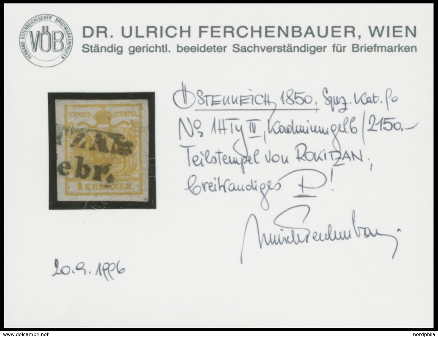 ÖSTERREICH BIS 1867 1Xd O, 1850, 1 Kr. Kadmiumgelb, Handpapier, Type III, L2 (ROKIT)ZAN, Breitrandig, Pracht, Fotobefund - Used Stamps