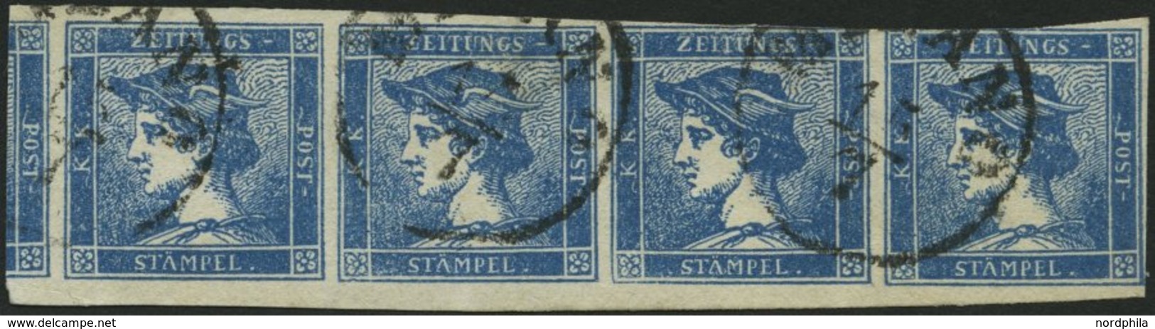 ÖSTERREICH 6II O, 1851, 0.6 Kr. Dunkelblau, Type II, Im Waagerechten Viererstreifen, Die Beiden Rechten Werte Oben Berüh - Used Stamps