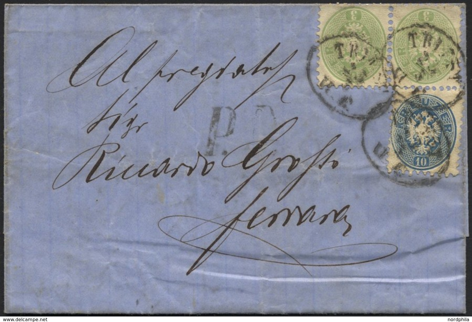 ÖSTERREICH 31 Paar,33 BRIEF, 1866, 3 Kr. Grün Im Waagerechten Paar Mit 10 Kr. Blau Auf Brief Von TRIEST Nach Fernana, Fe - Used Stamps