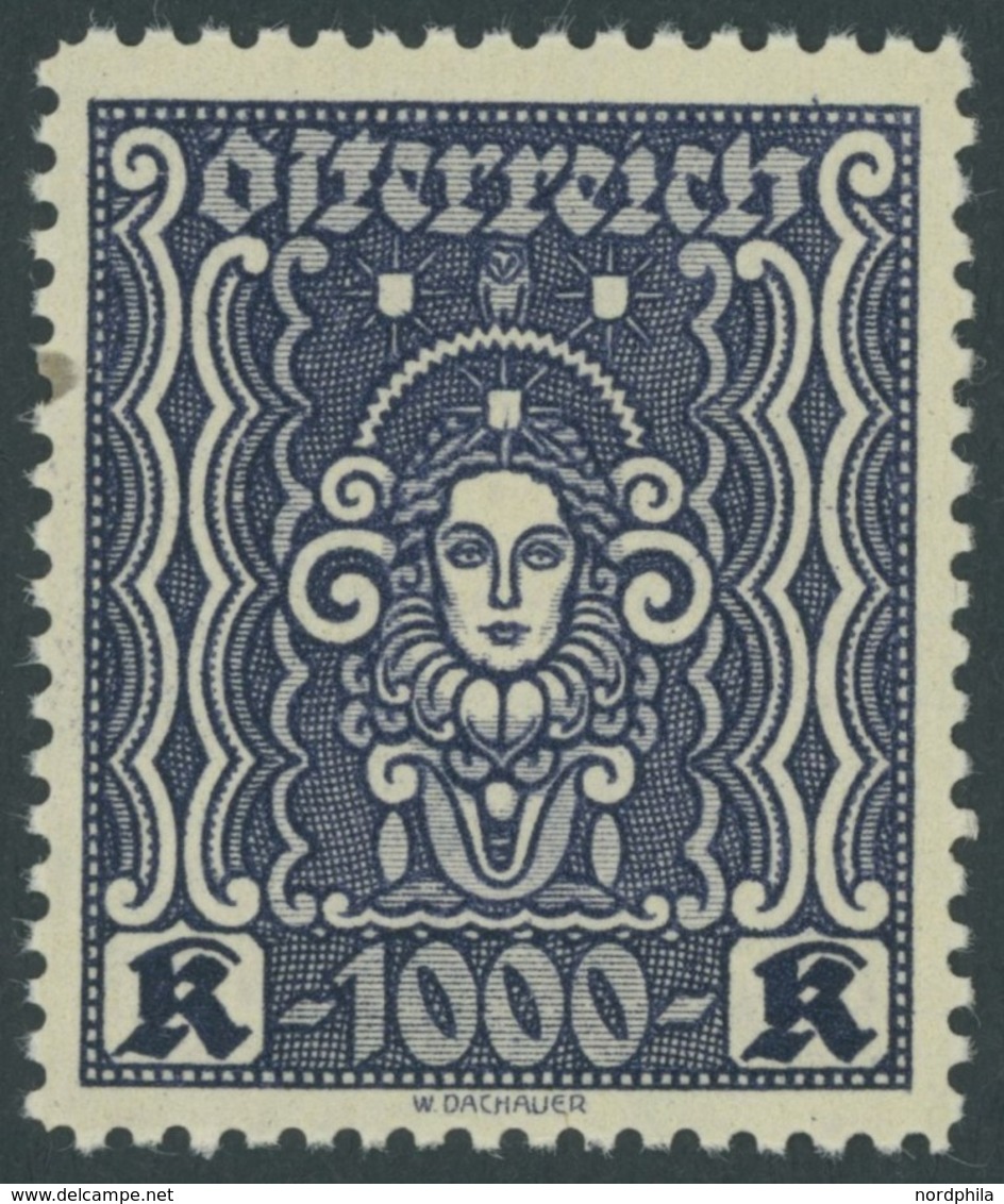 ÖSTERREICH 1918-1938 404B **, 1922, 1000 Kr. Schwarzblau, Gezähnt L 111/2, Herstellungsbedingter Papierpunkt, Postfrisch - Other & Unclassified
