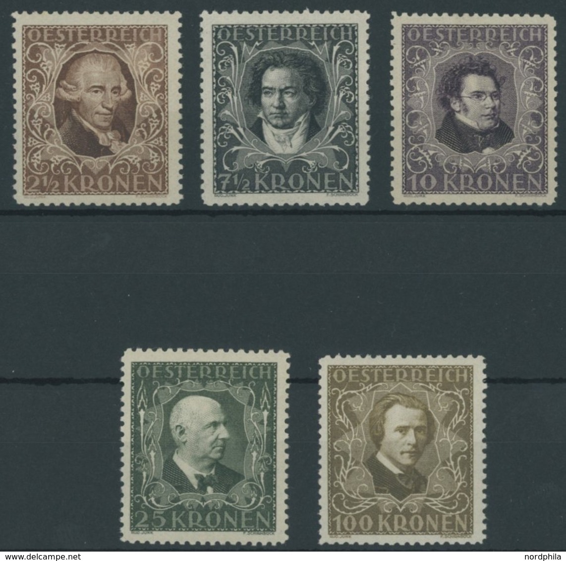 ÖSTERREICH 1918-1938 418-24B **, 1922, Komponisten Und Musiker, Gezähnt L 111/2, Postfrisch, 5 Pachtwerte, Mi. 550.- - Other & Unclassified