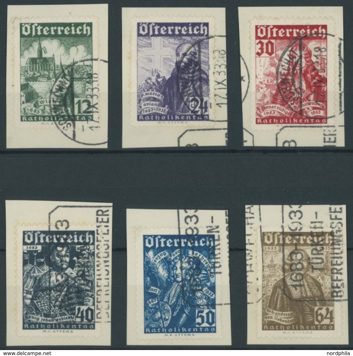 ÖSTERREICH 1918-1938 557-62 BrfStk, 1933, Katholikentag, Sonderstempel, Prachtsatz Auf Briefstücken, Mi. 280.- - Other & Unclassified