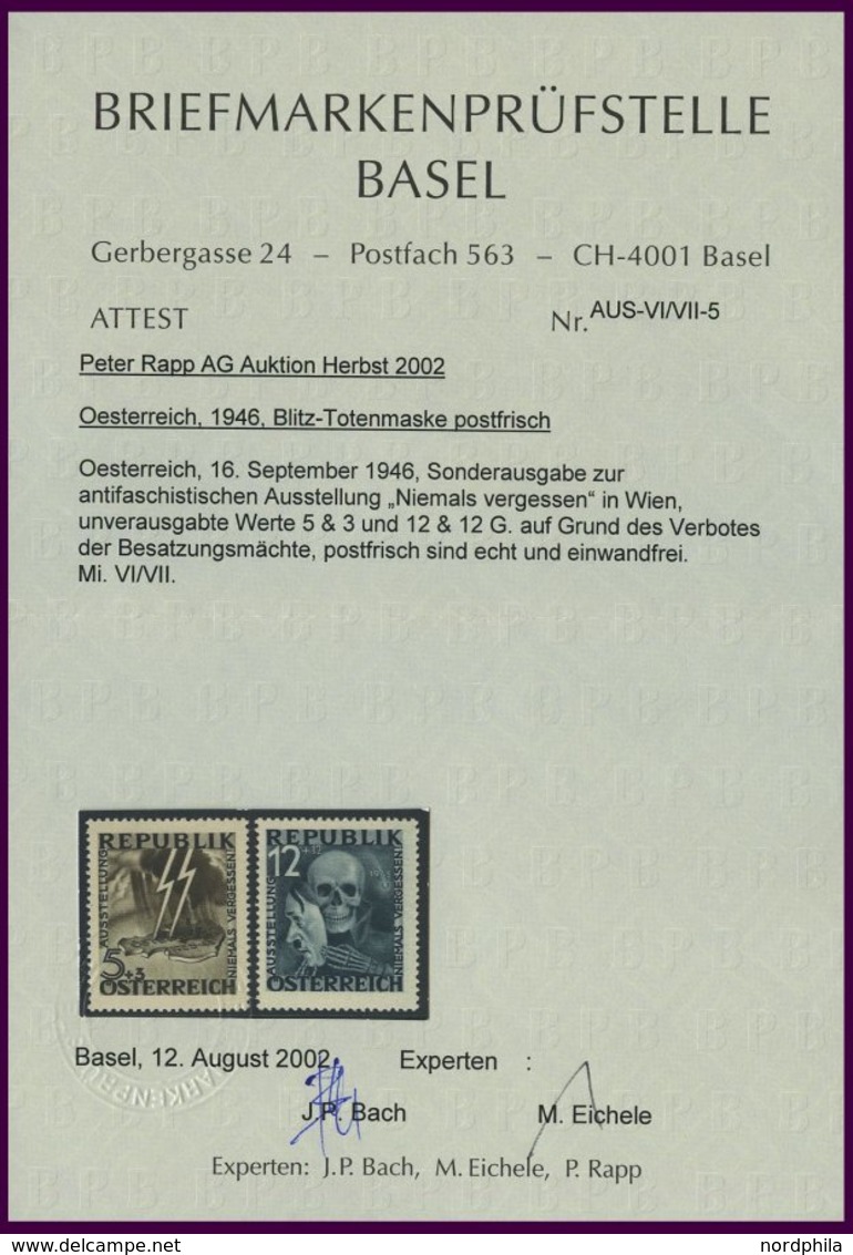 ÖSTERREICH VI/VII **, 1946, Nicht Ausgegeben: Blitz Und Maske, 2 Prachtwerte, Fotoattest Bach/Eichele, Mi. 2600.- - Other & Unclassified