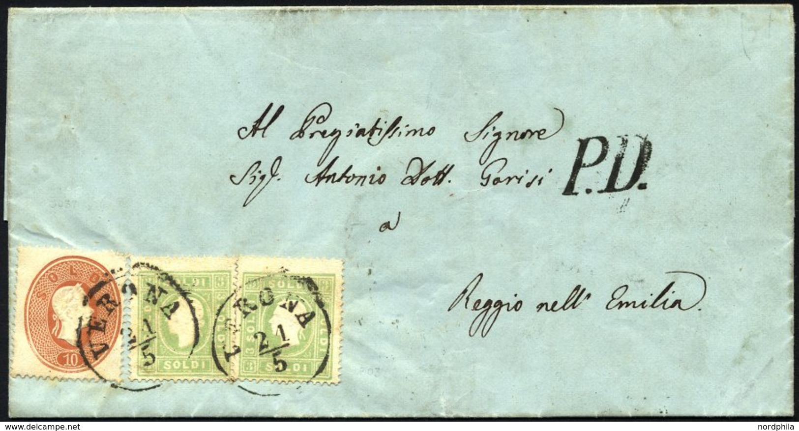 LOMBARDEI UND VENETIEN 8a,13 BRIEF, 1863, Mischfrankatur: 1863, 3 So. Grün, Type II, 2x Mit 10 So. Rötlichbraun Auf Brie - Lombardo-Vénétie