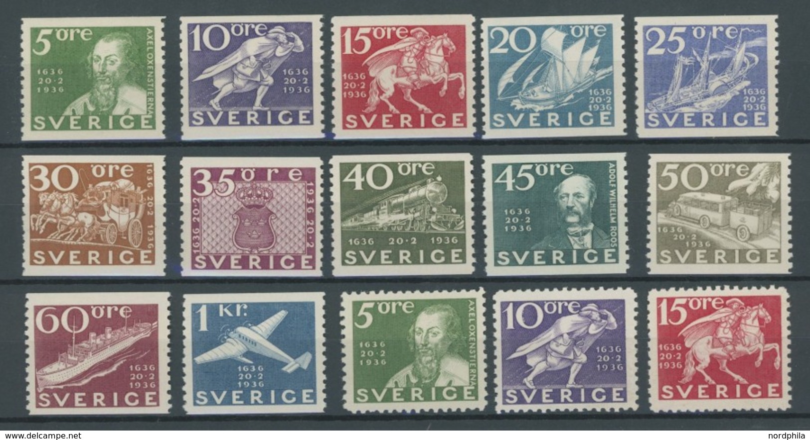 SCHWEDEN 227-38A/B **, 1936, 300 Jahre Post, Beide Zähnungen, Postfrischer Prachtsatz (15 Werte), Mi. 360.- - Other & Unclassified