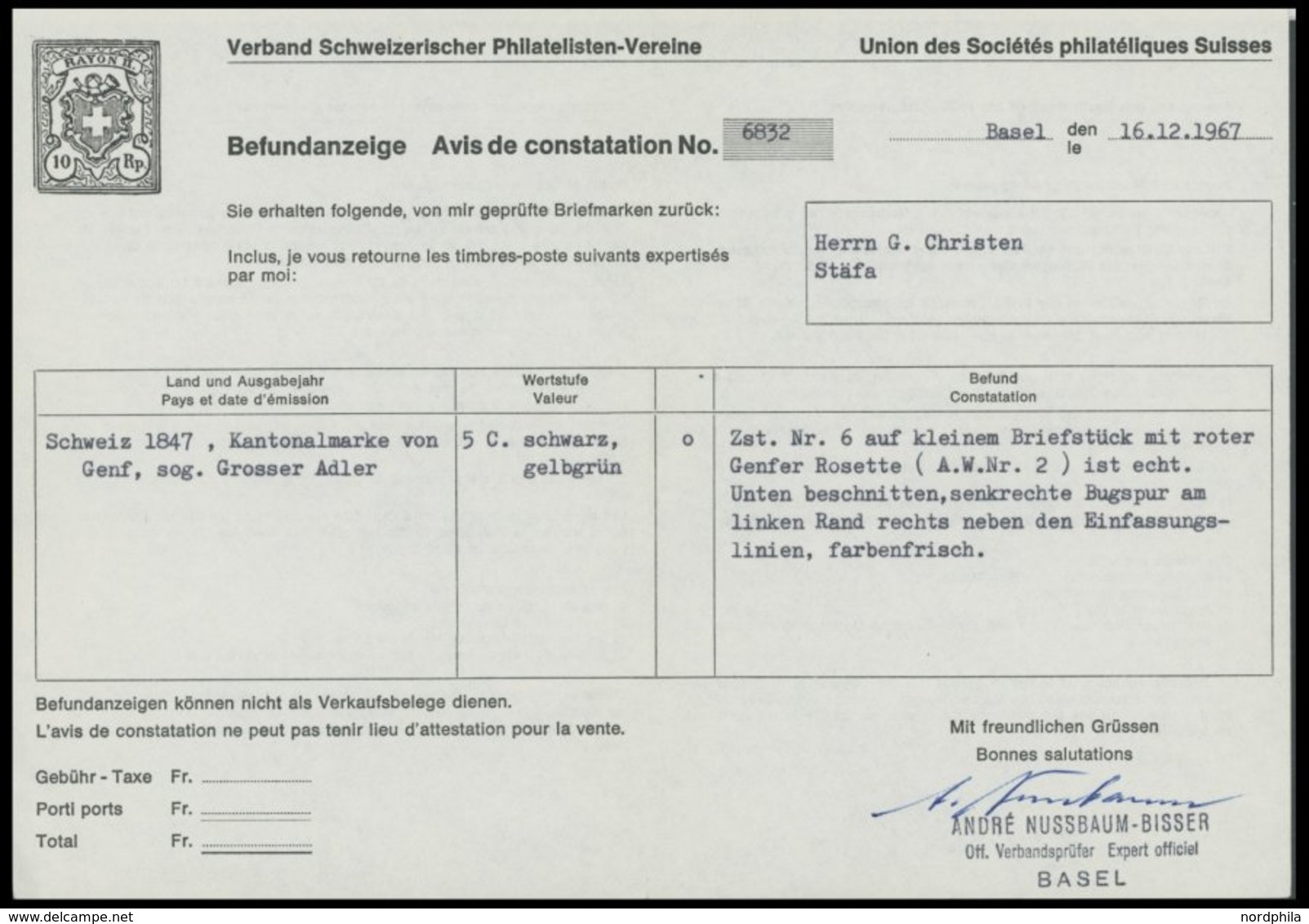 GENF 4 BrfStk, 1847, 5 C. Schwarz Auf Lebhaftgelboliv Großer Adler Mit Roter Rosette Auf Briefstück, Unten Beschnitten,  - 1843-1852 Correos Federales Y Cantonales