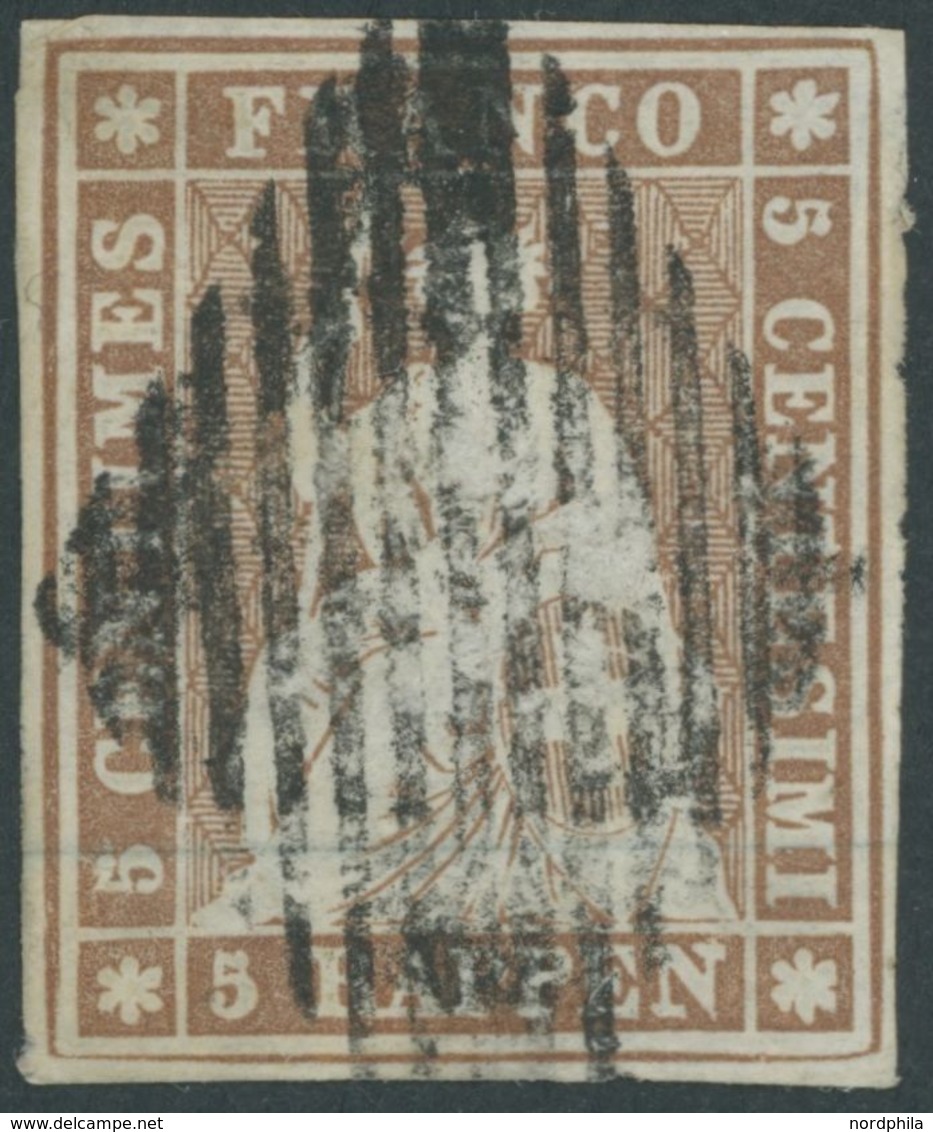 SCHWEIZ BUNDESPOST 13Ib O, 1854, 5 Rp. Braun, 2. Münchener Druck, (Zst. 22A), Allseits Breitrandig, Pracht - 1843-1852 Correos Federales Y Cantonales