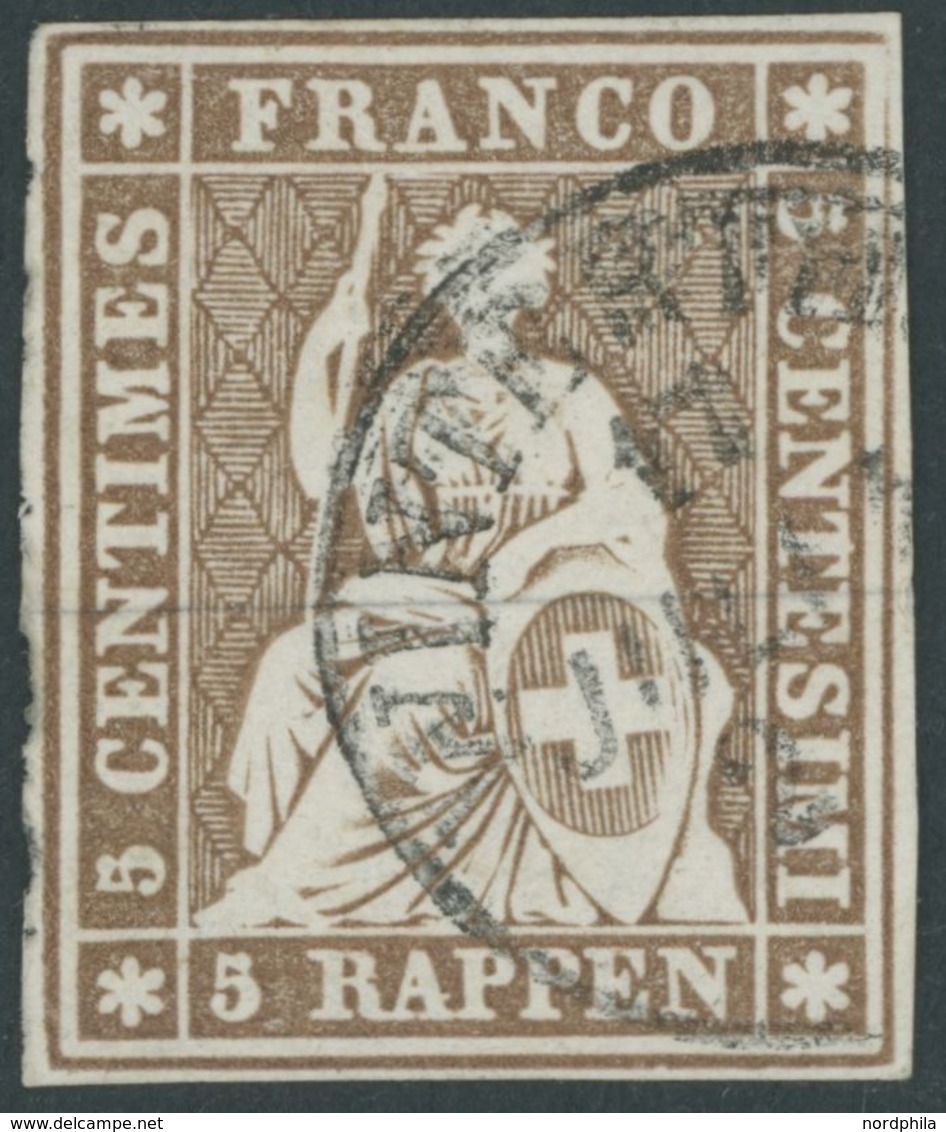 SCHWEIZ BUNDESPOST 13IIBys O, 1856, 5 Rp. Braun, Schwarzer Seidenfaden, Berner Druck II, (Zst. 22D), K1 WINTERTHUR, Alls - 1843-1852 Federal & Cantonal Stamps