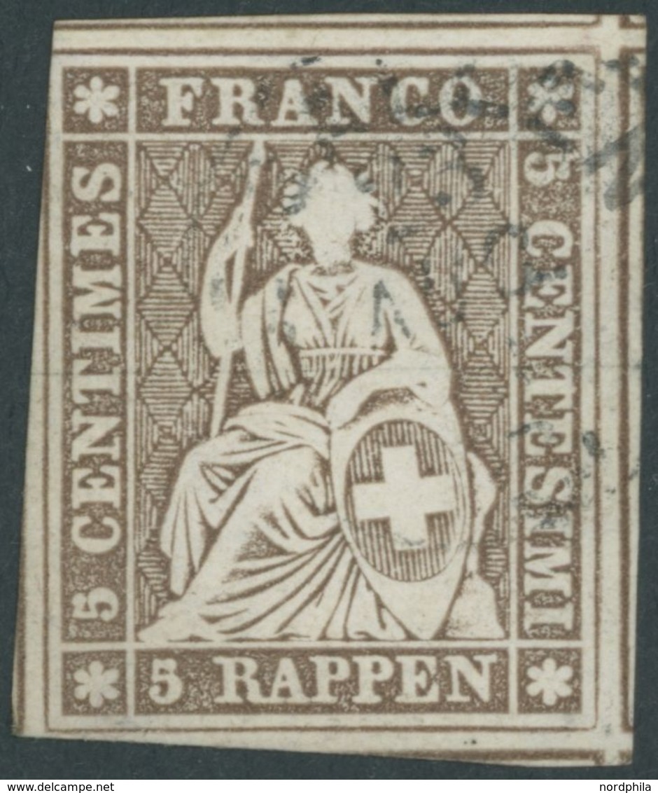 SCHWEIZ BUNDESPOST 13IIBym O, 1858, 5 Rp. Graubraun, Berner Druck III, (Zst. 22G), Breitrandig Mit Teilen Von 6 Nachbarm - 1843-1852 Federal & Cantonal Stamps