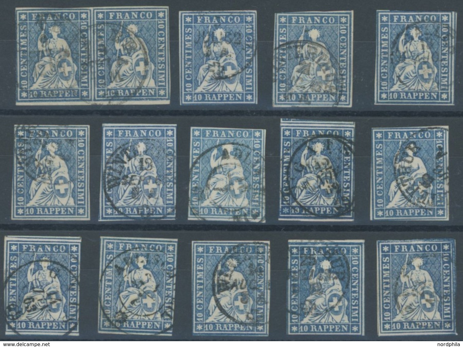 SCHWEIZ BUNDESPOST 14IIBym O, 1859, 10 Rp. Lebhaftblau, Berner Druck III, (Zst. 23G), 15 Prachtwerte In Nuancen, Dabei E - 1843-1852 Poste Federali E Cantonali